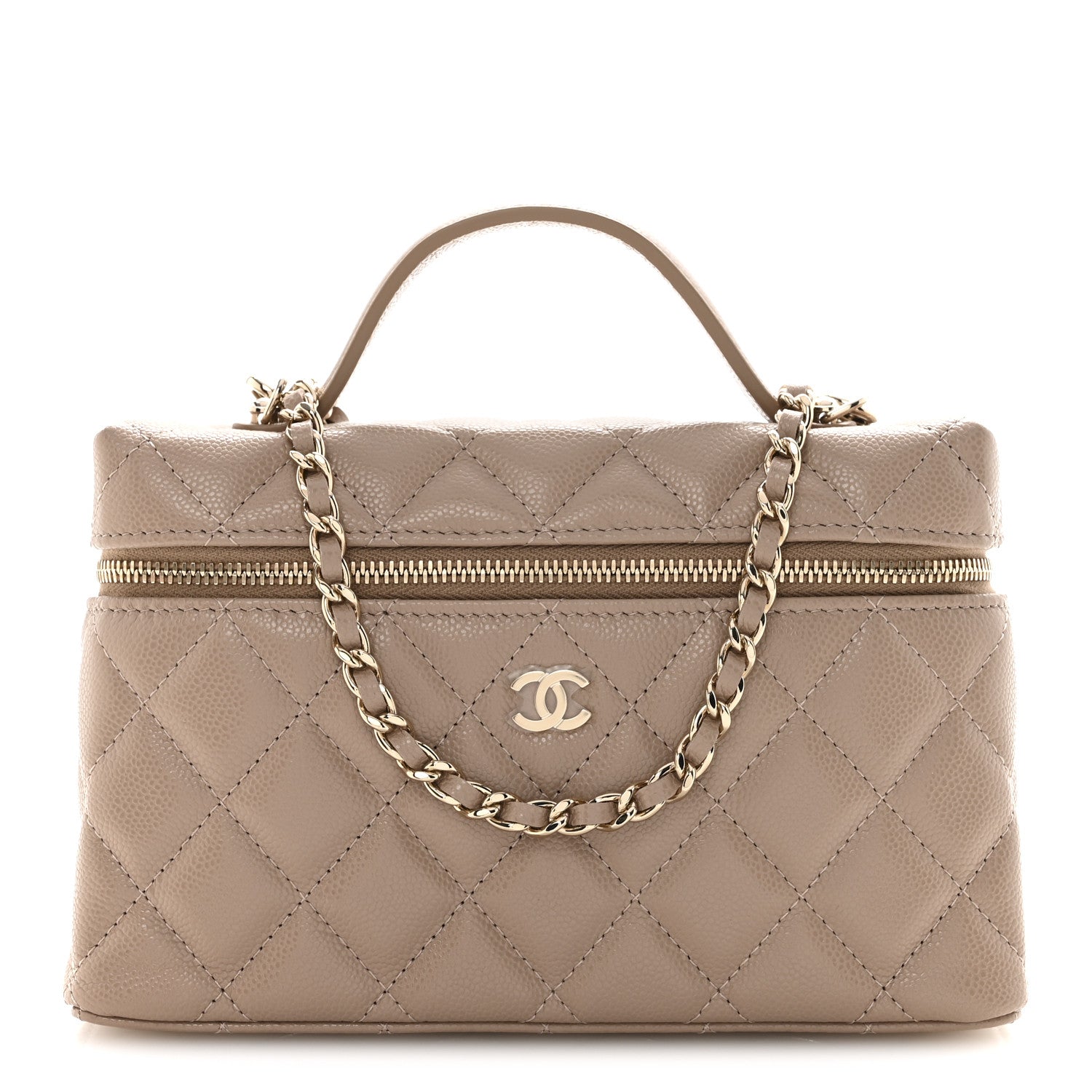 Caviar Quilted Top Handle Slim Vanity With Chain Dark Beige