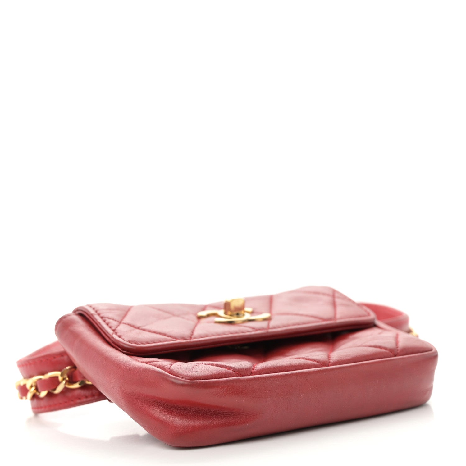Lambskin Quilted Waist Chain Belt Flap Bag Red