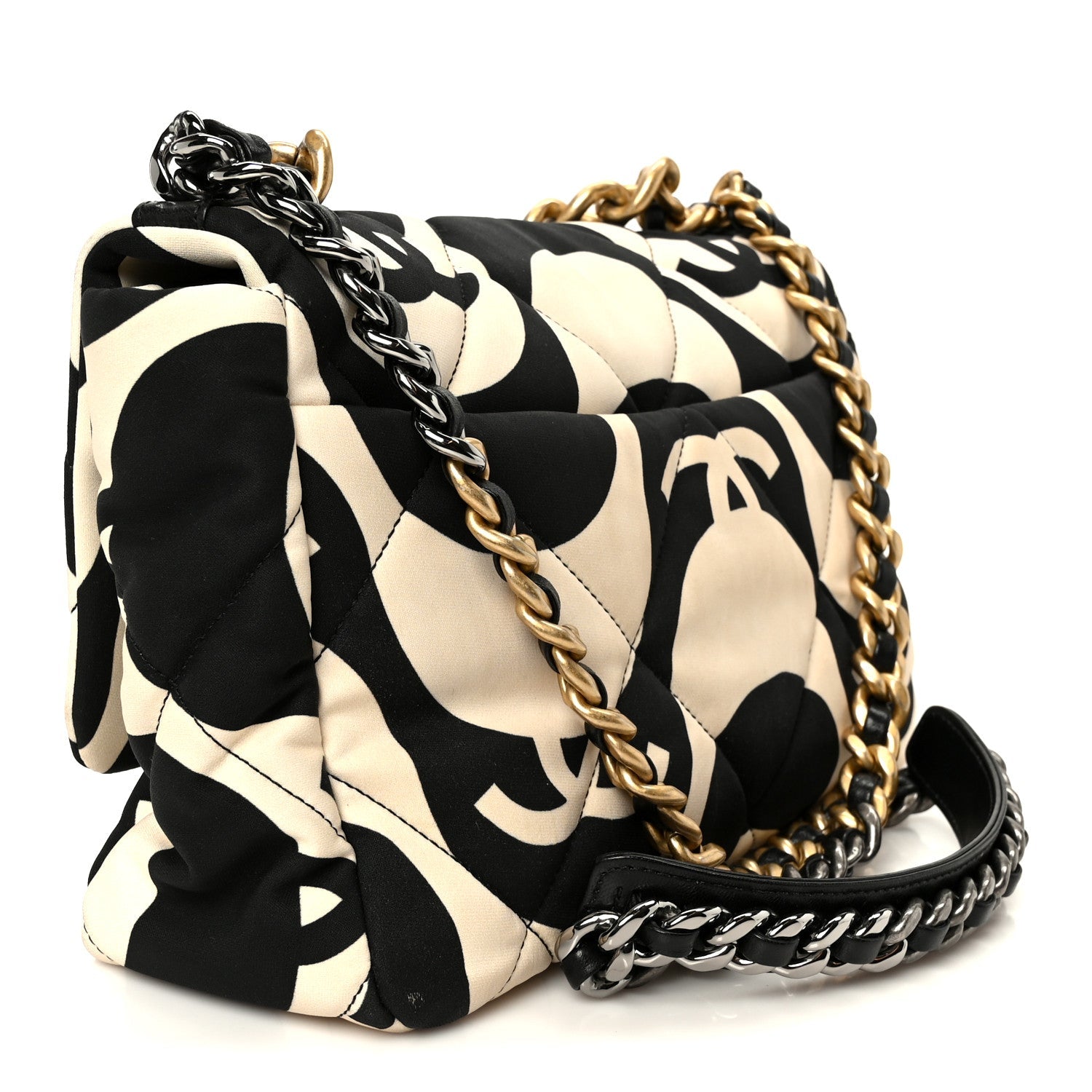 Fabric Printed Large Chanel 19 Flap Black Ecru