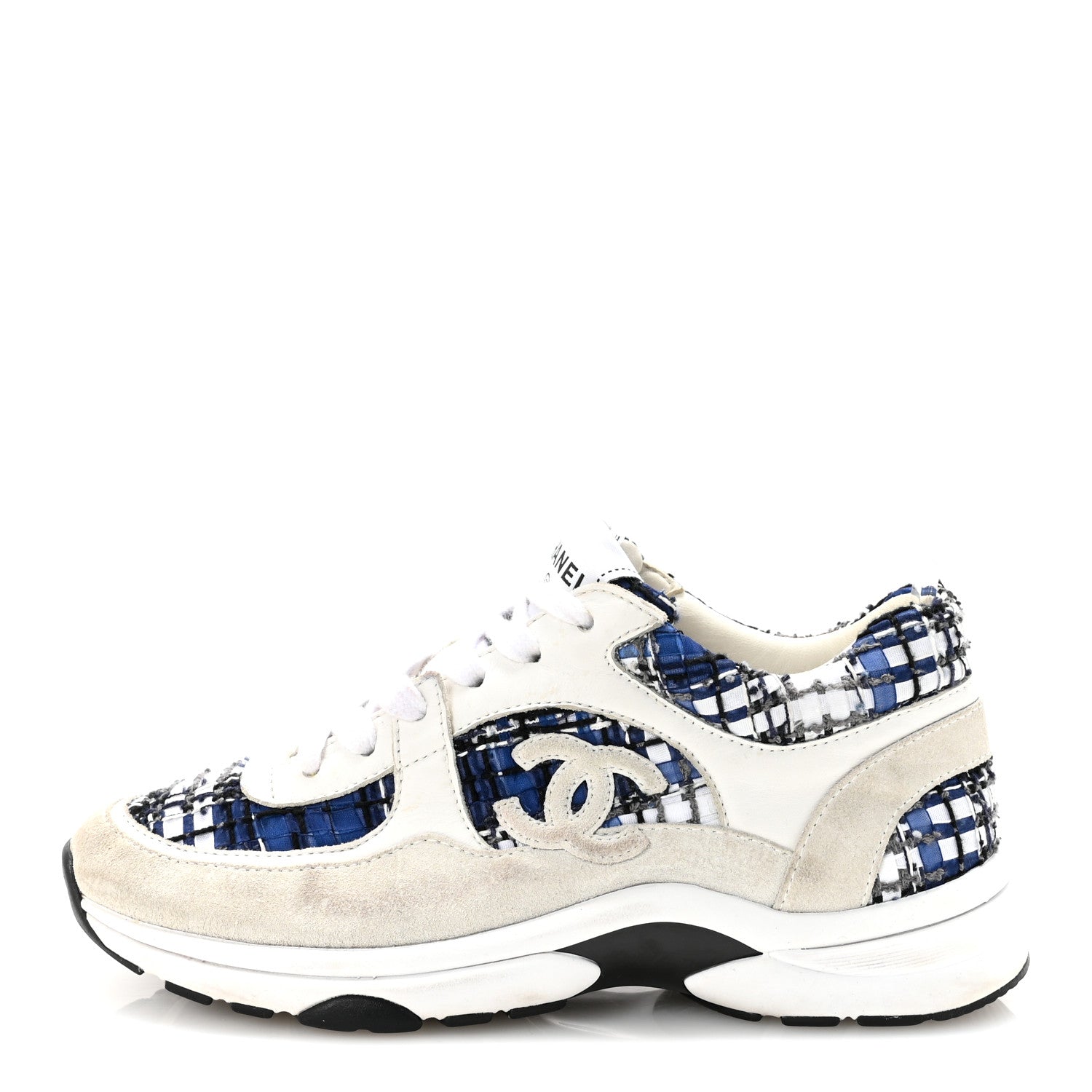 Tweed Suede Calfskin Womens CC Sneakers 36.5 Dark Blue Black Grey White