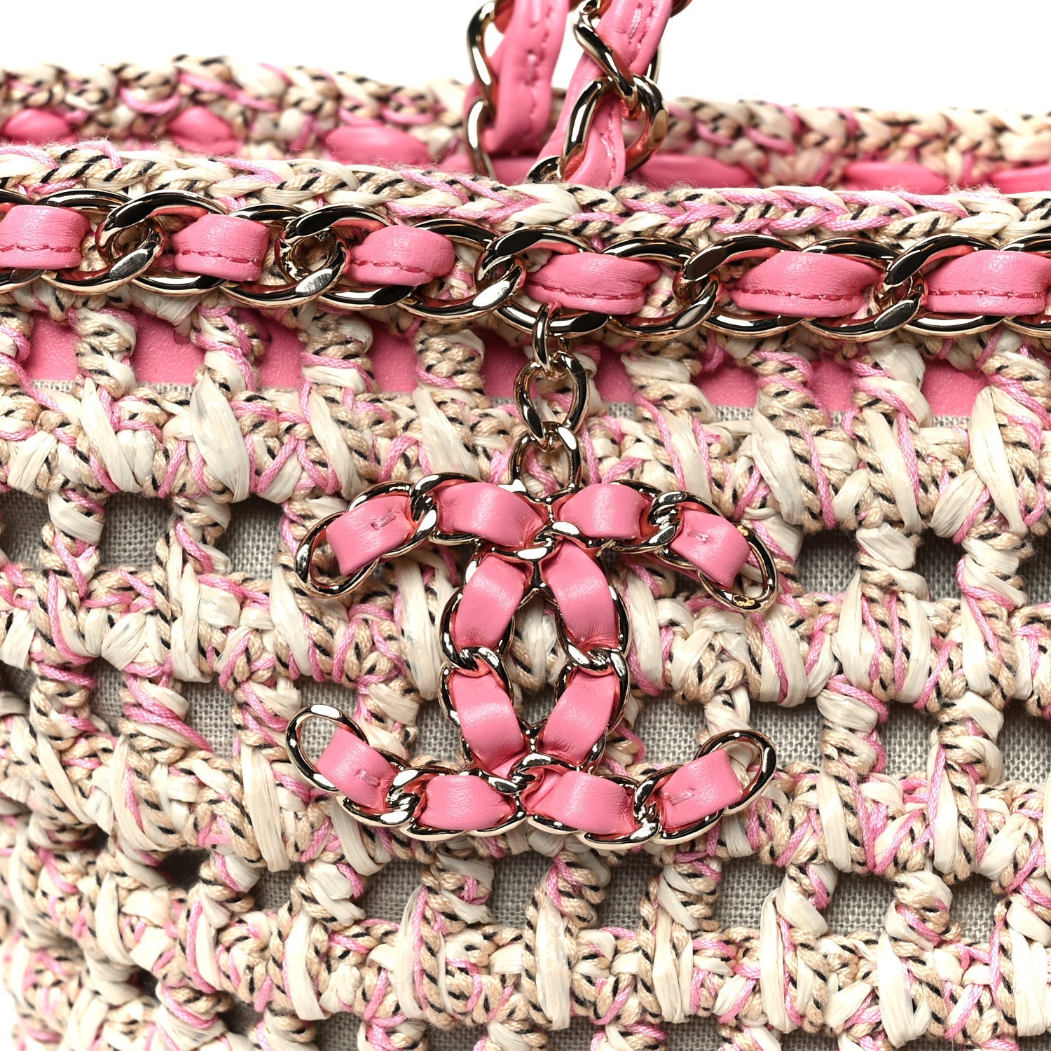 Mixed Fibers Calfskin Crochet Small Shopping Bag Beige Pink