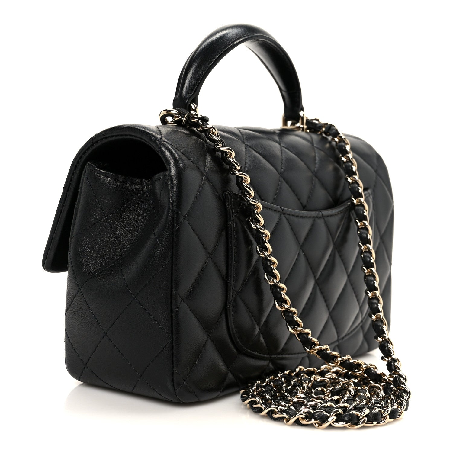 Lambskin Quilted Mini Top Handle Rectangular Flap Black
