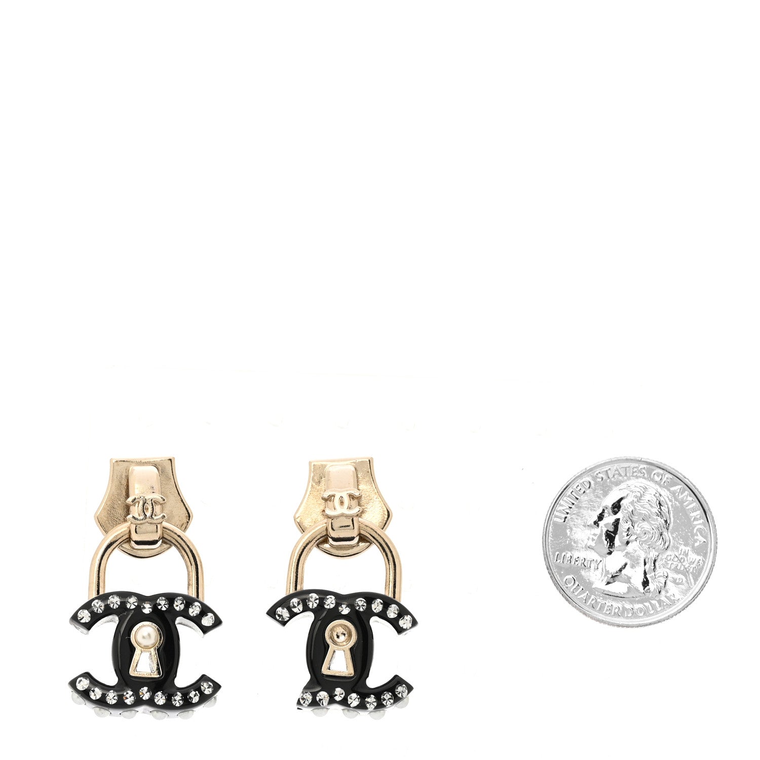 Metal Resin Crystal Pearl CC Lock Drop Earrings Gold Black