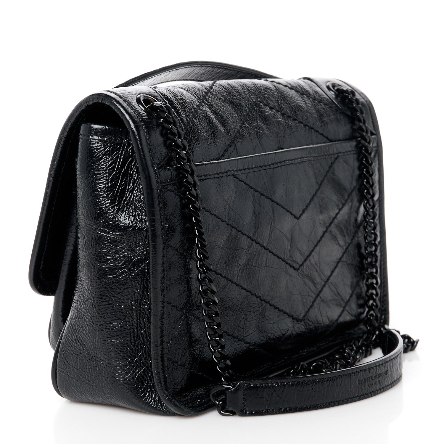 Crinkled Calfskin Matelasse Monogram Baby Niki Chain Satchel Black