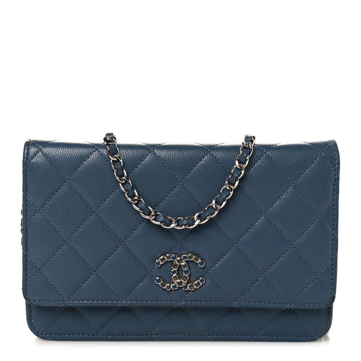 Shiny Caviar Quilted Enamel CC Wallet On Chain WOC Blue