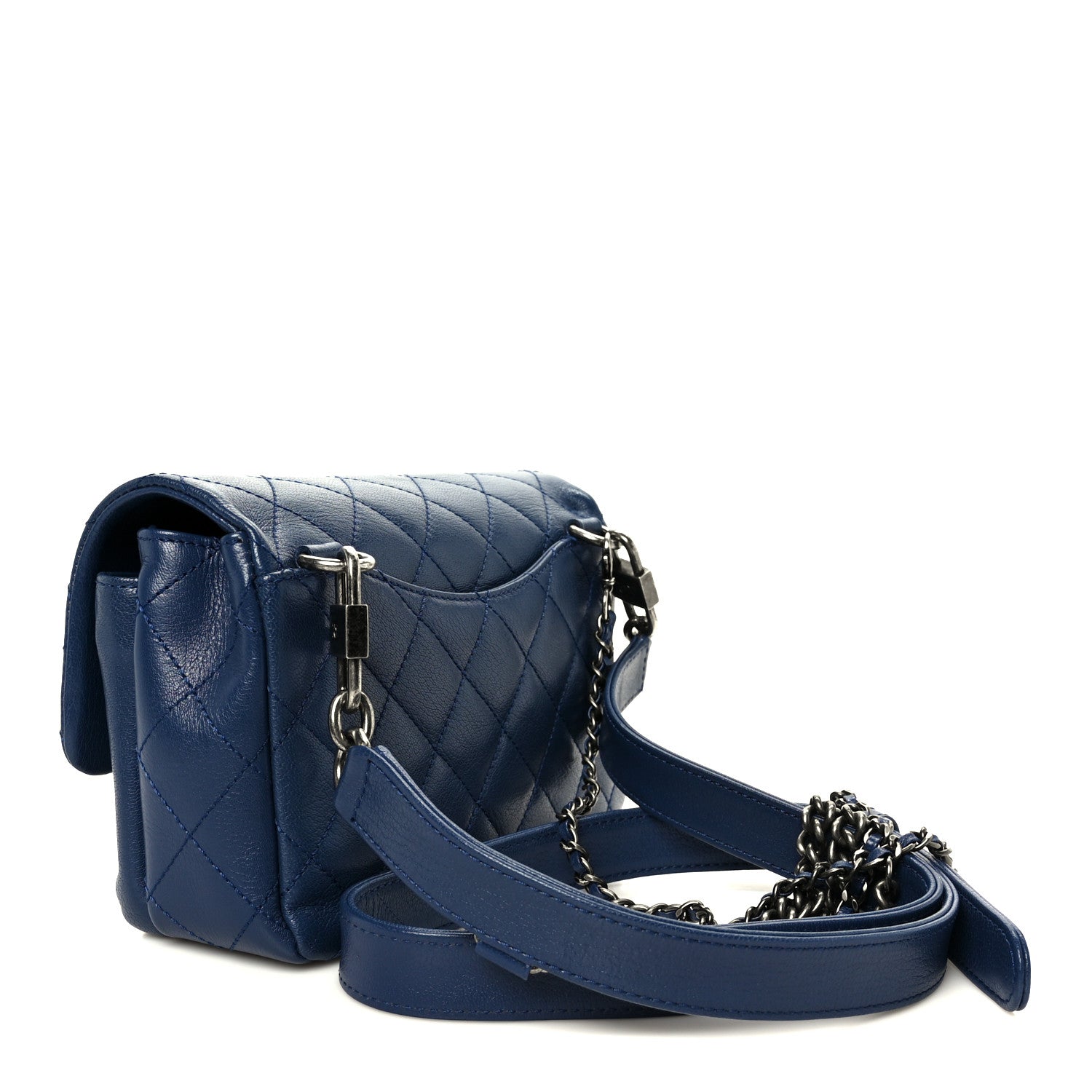 Shiny Goatskin Quilted Small Double Carry Waist Chain Flap Blue