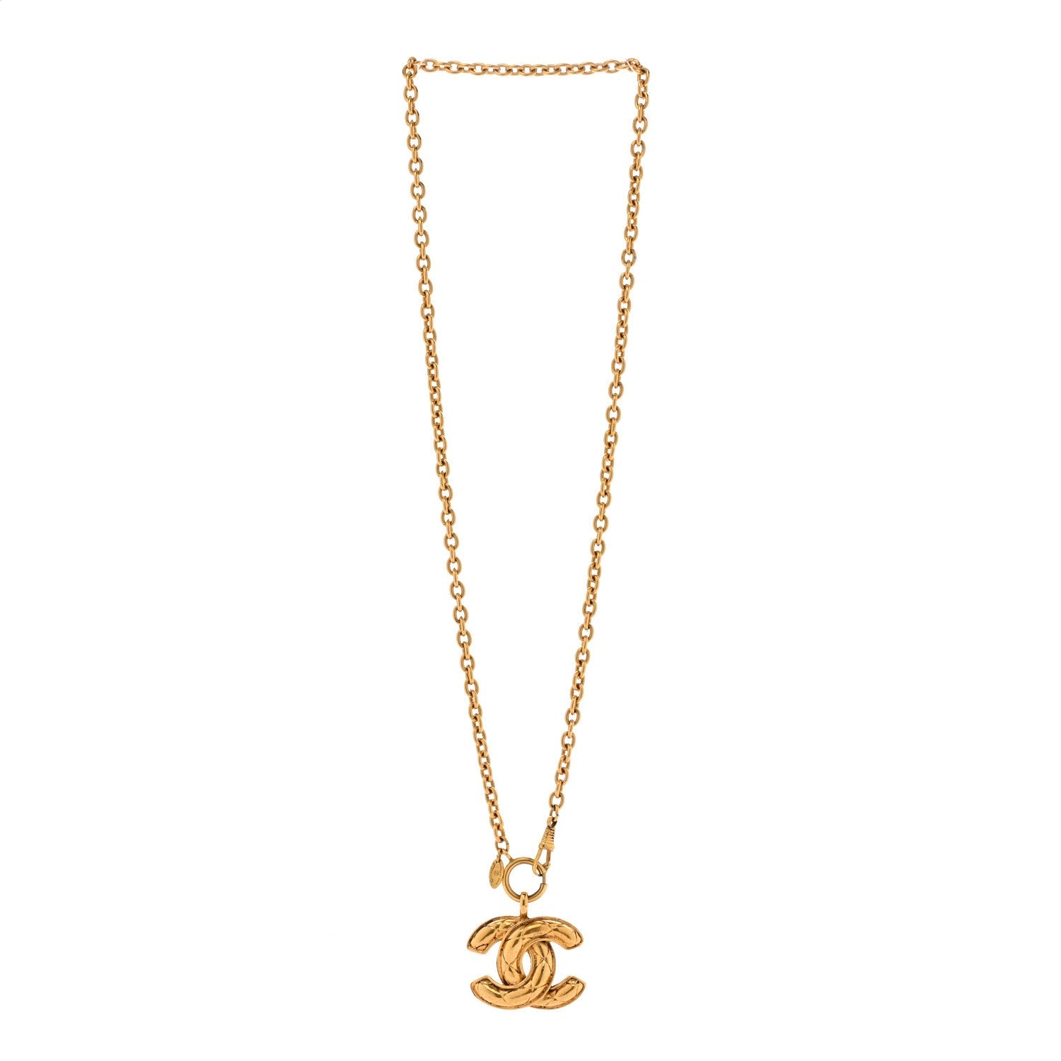 Metal Quilted CC Long Necklace Gold