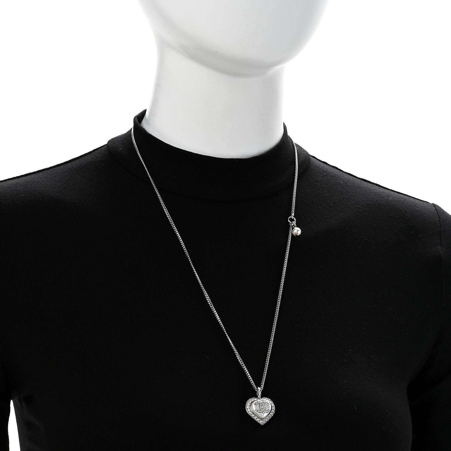 Crystal Pearl CC Heart Necklace Silver