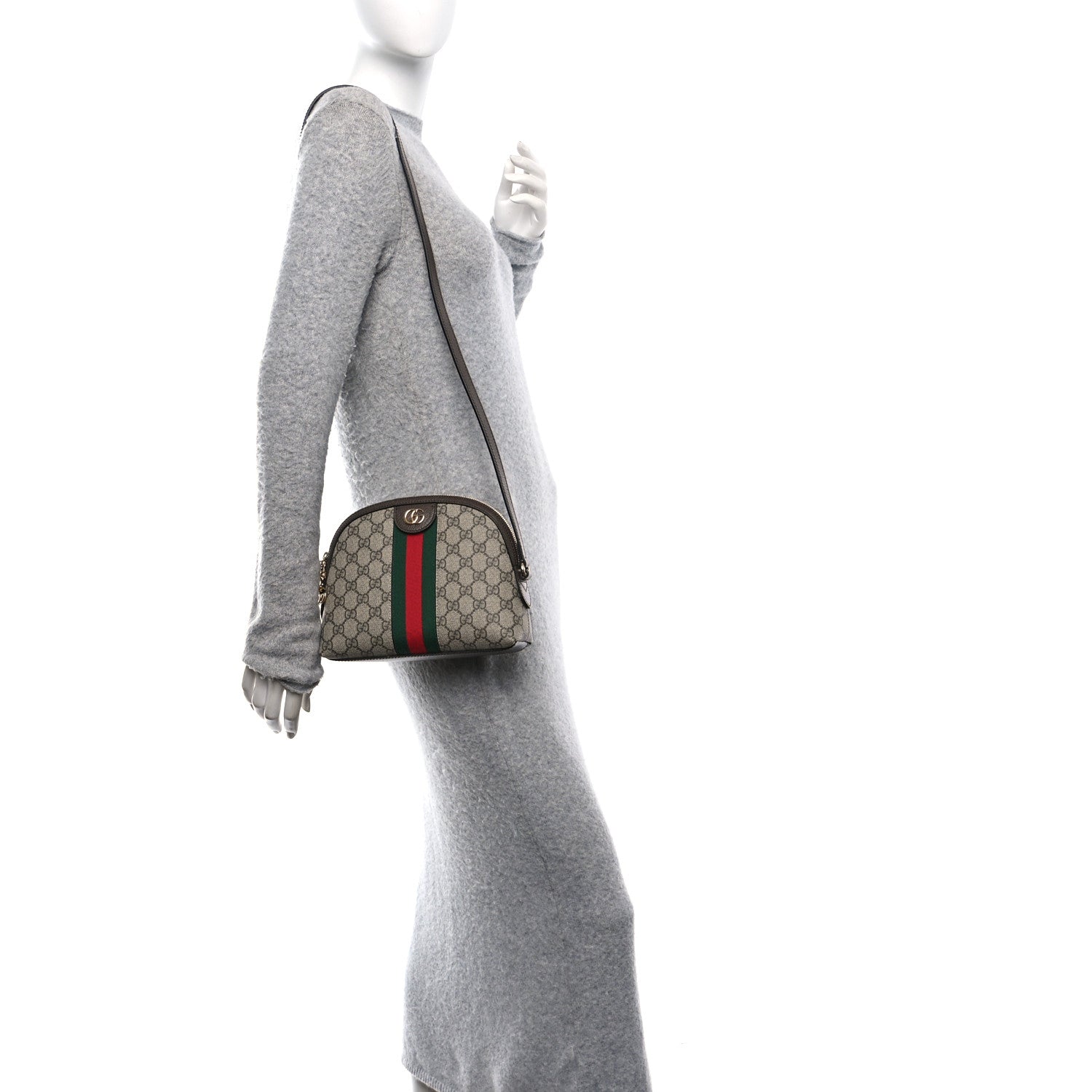 GG Supreme Monogram Textured Dollar Calfskin Web Small Ophidia Dome Shoulder Bag Beige Ebony New Acero