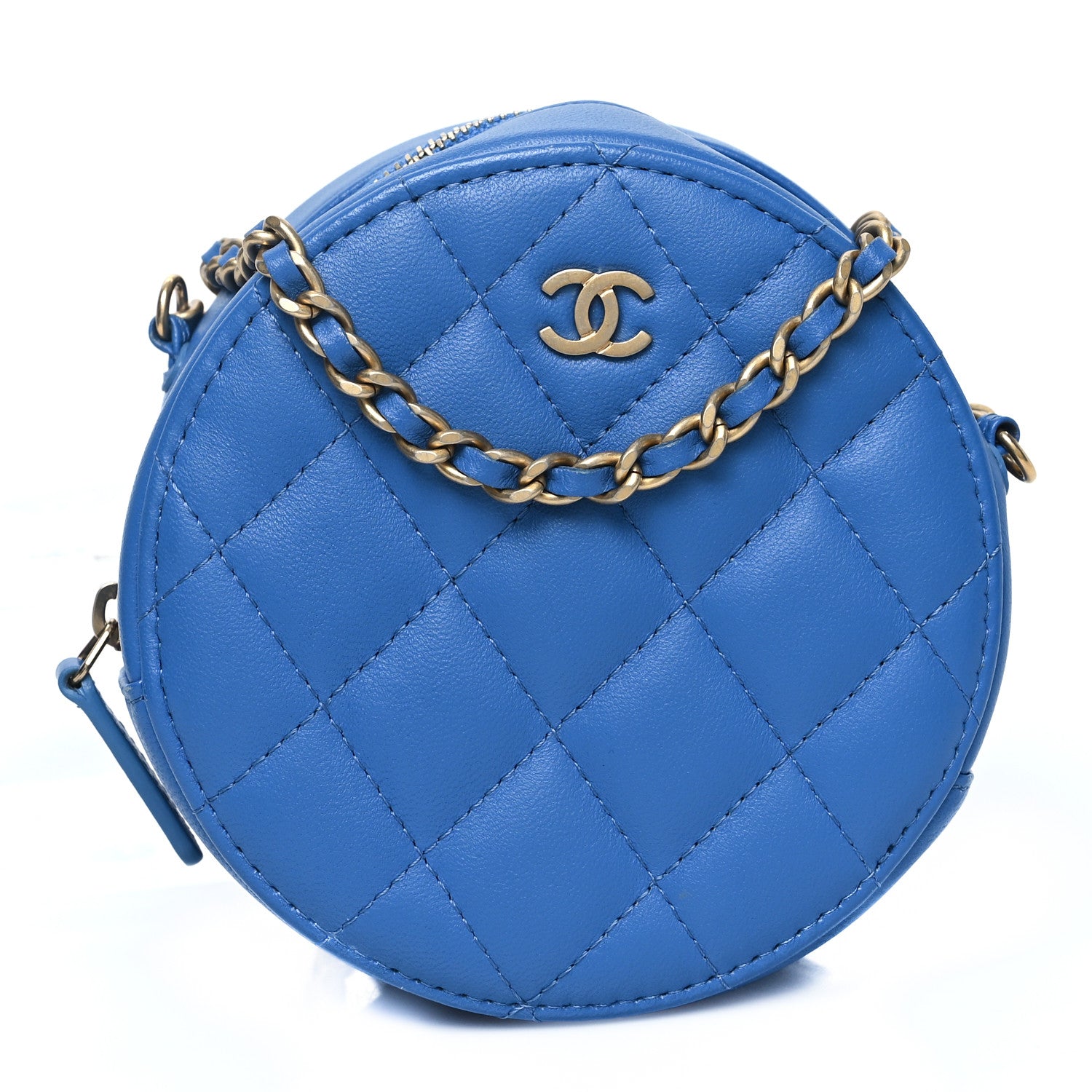 Lambskin Quilted Round Clutch With Chain Blue