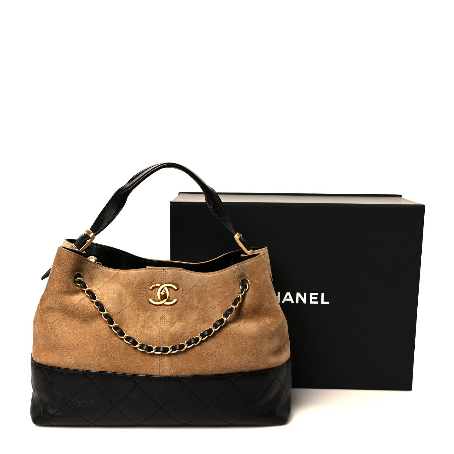 Suede Calfskin Shiny Lambskin Quilted Small Shopping Bag Beige Black