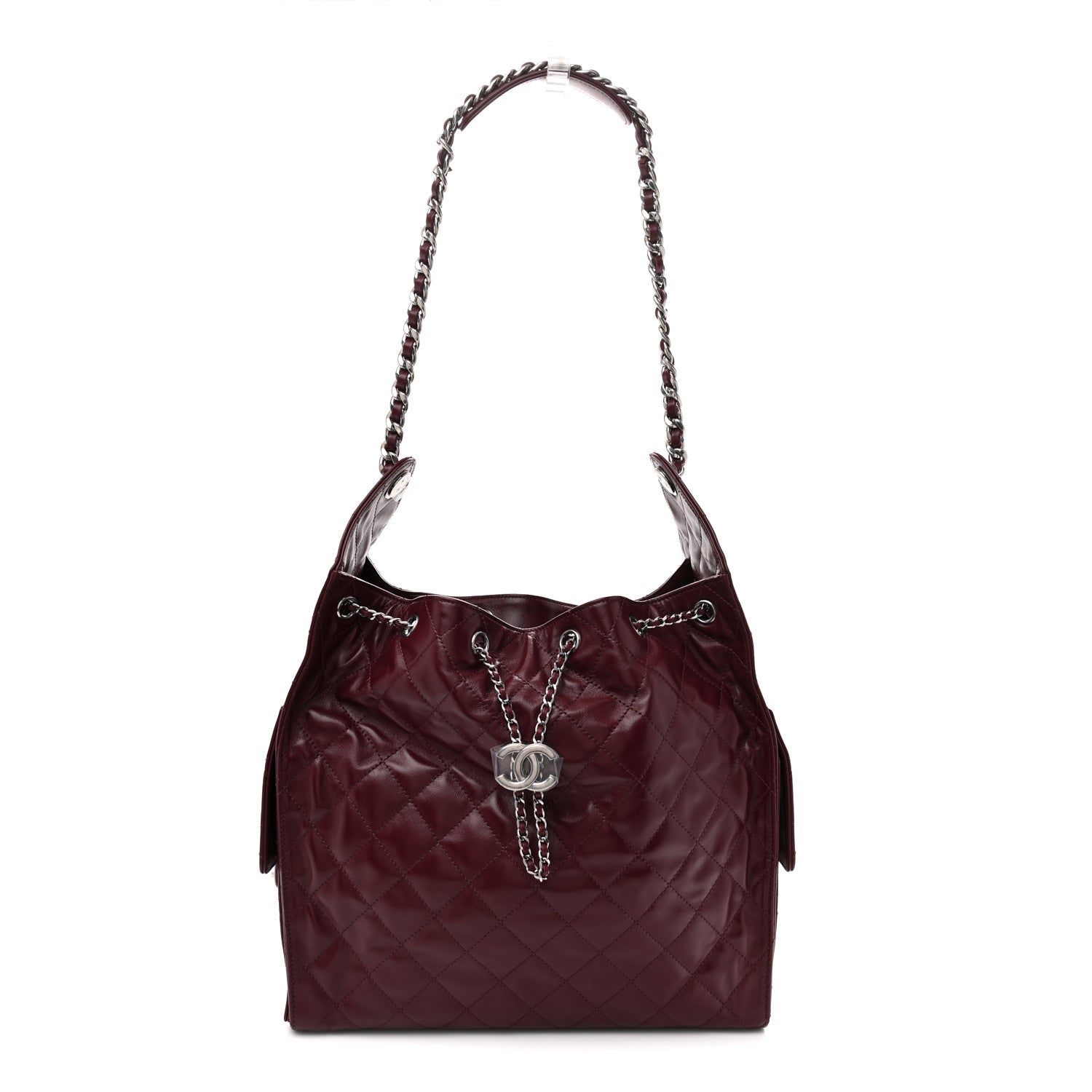 Shiny Crumpled Calfskin Quilted Medium Chanel 25 Handbag Dark Burgundy
