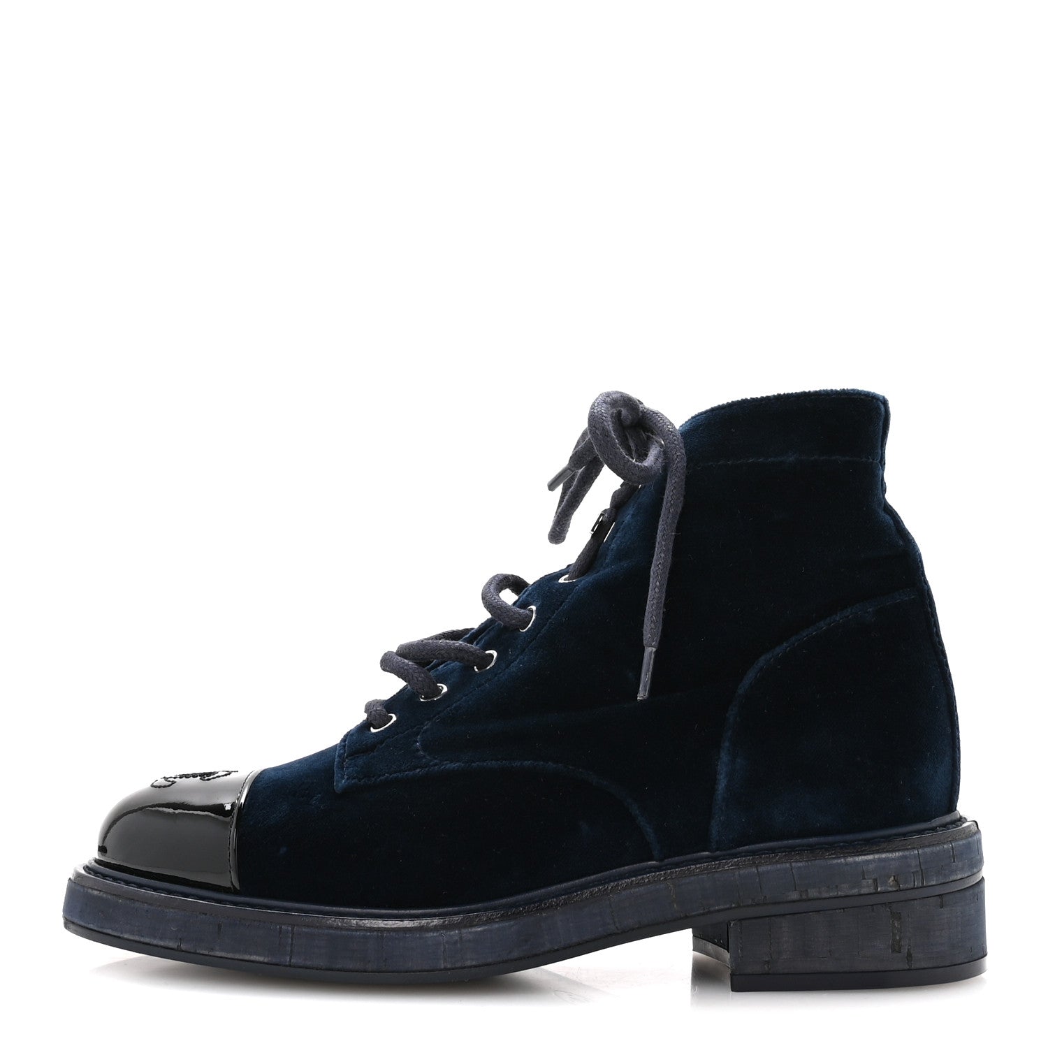 Velvet Patent Calfskin Lace Up Combat Boots 36.5 Blue Black