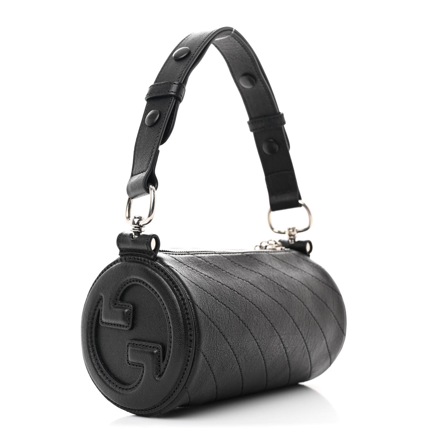 Sakai Be Green Calfskin Diagonal Stitched Mini Blondie Barrel Shoulder Bag Black