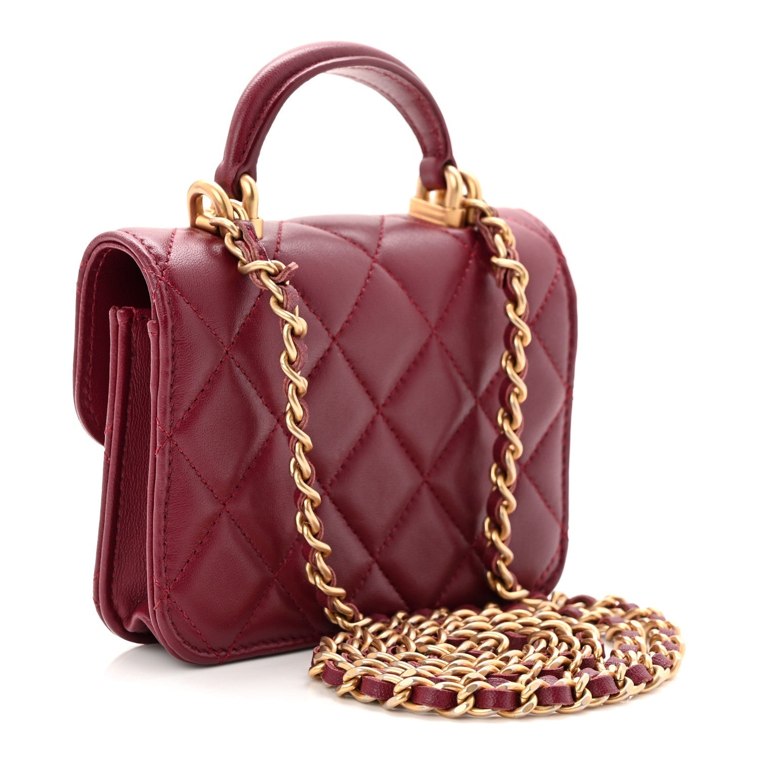 Lambskin Quilted Top Handle Flap Coin Purse With Chain Burgundy