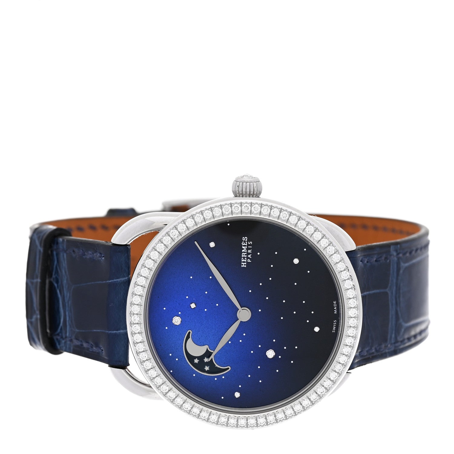Stainless Steel Alligator Diamond Bezel Blue Mother of Pearl 38mm Arceau Petite Lune Automatic Watch Bleu Saphir