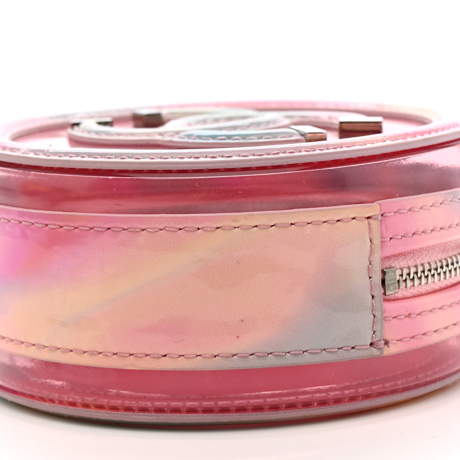 PVC Lambskin Filigree Round Clutch With Chain Pink