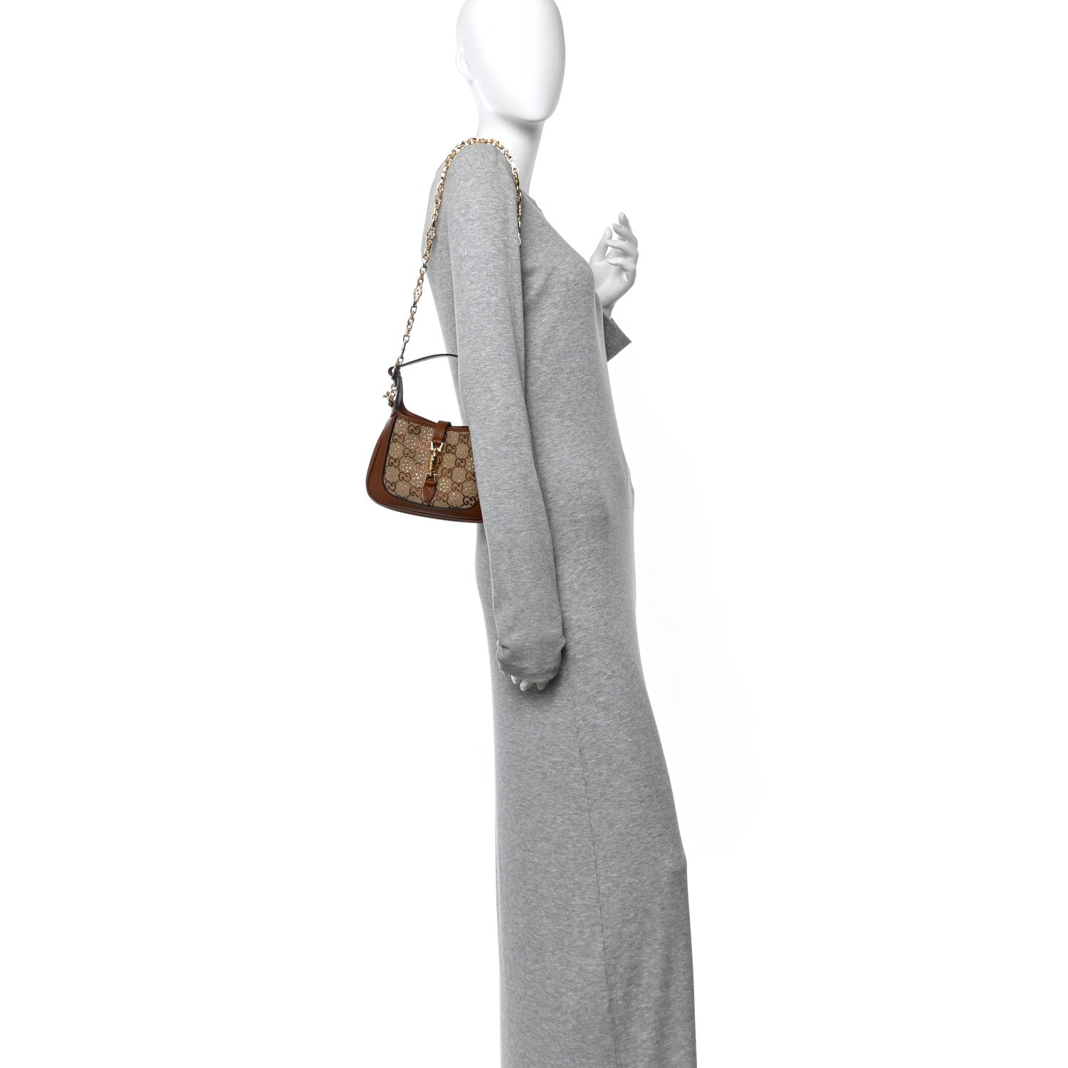 New Canvas Charisma Calfskin Crystal GG Monogram Mini Jackie 1961 Hobo Camel Ebony