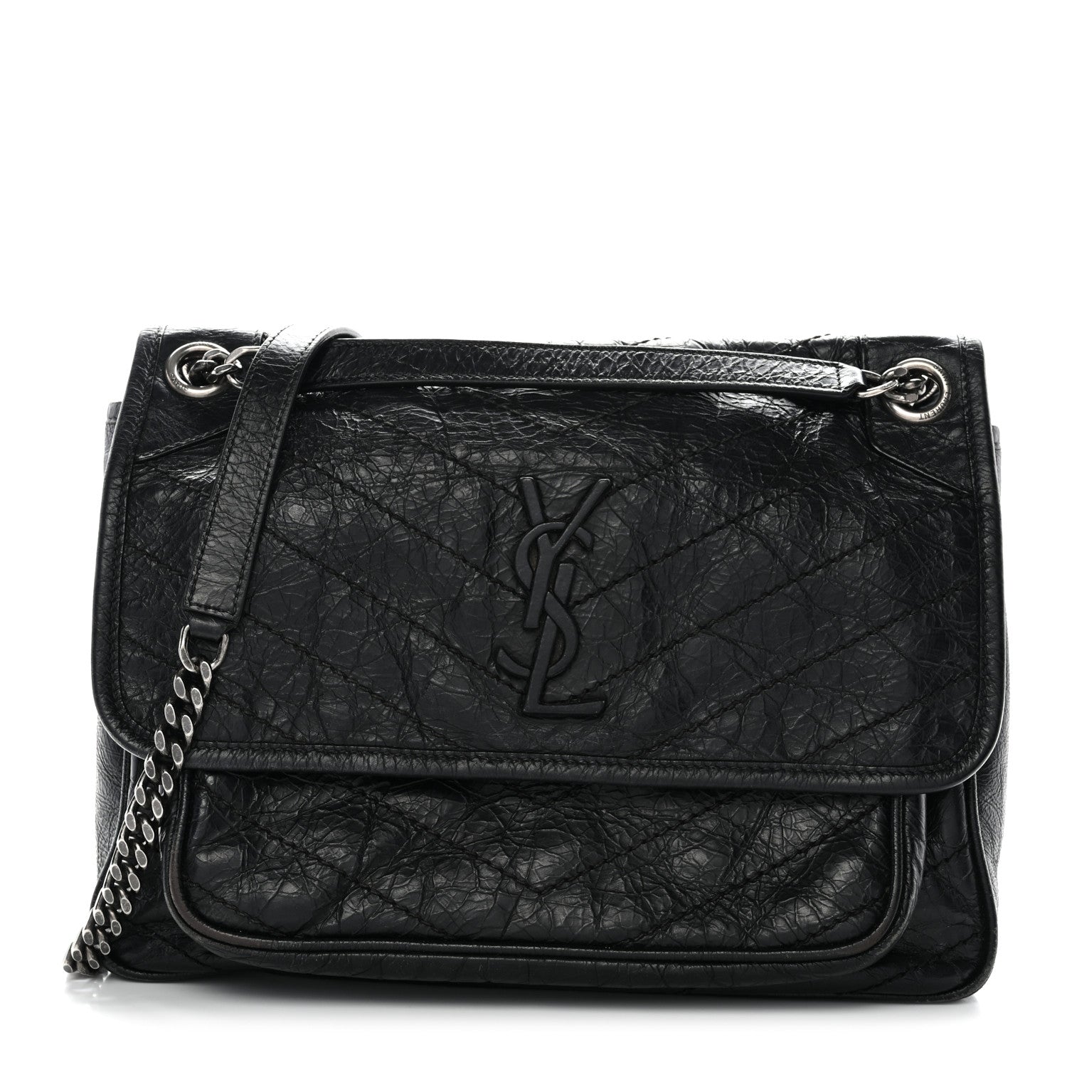 Crinkled Calfskin Matelasse Monogram Medium Niki Chain Satchel Black