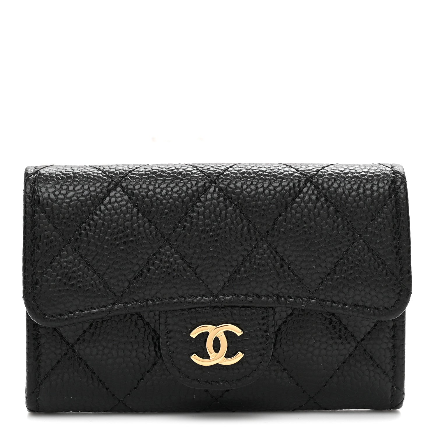 Caviar Quilted Flap Card Holder Wallet Black