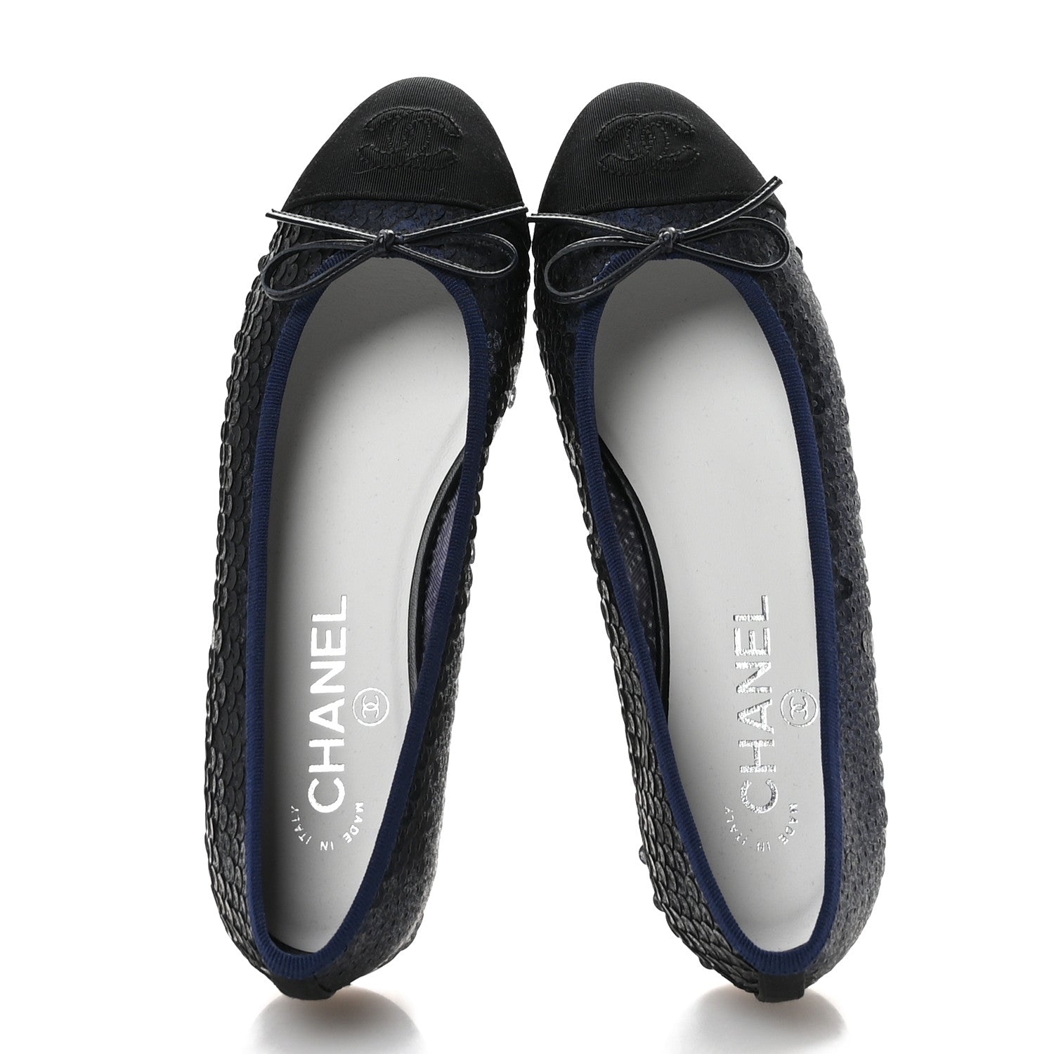 Glittered Muslin Grosgrain Cap Toe Ballerina Flats 37 Navy Blue Black