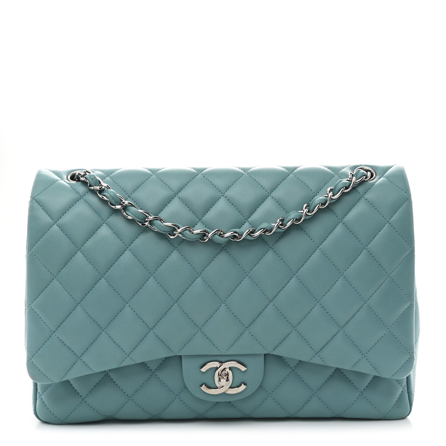 Lambskin Quilted Maxi Double Flap Light Blue