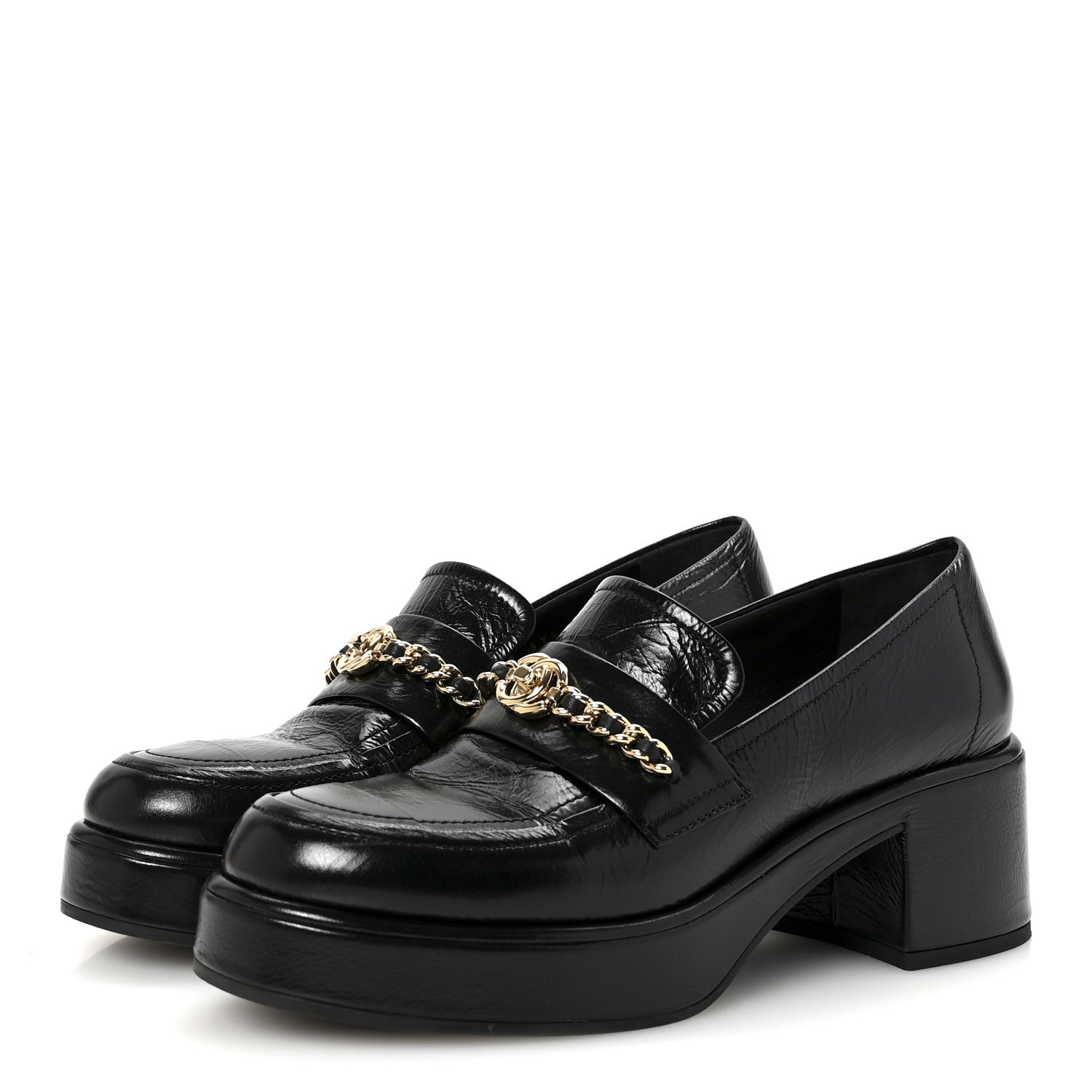 Shiny Calfskin Logo Platform Loafers 37.5 Black