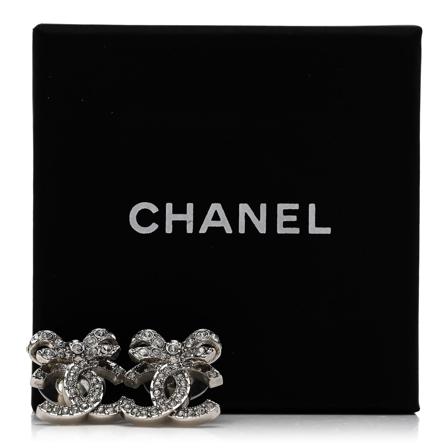 Crystal CC Bow Dangle Earrings Silver