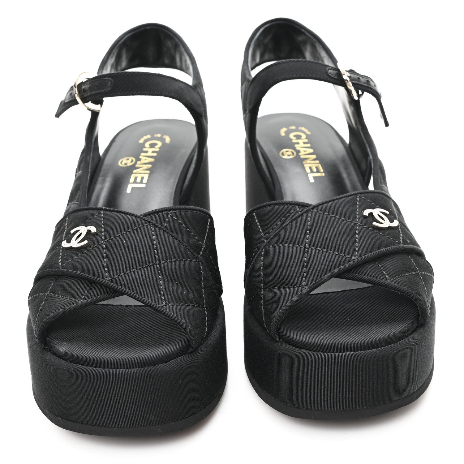 Grosgrain Quilted Crystal CC Platform Sandals 39.5 Black