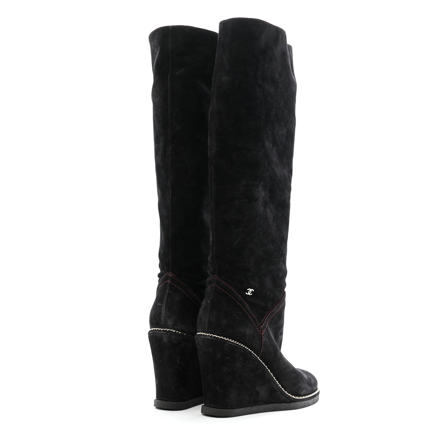 Suede Calfskin Chain Around High Boots 41 Black