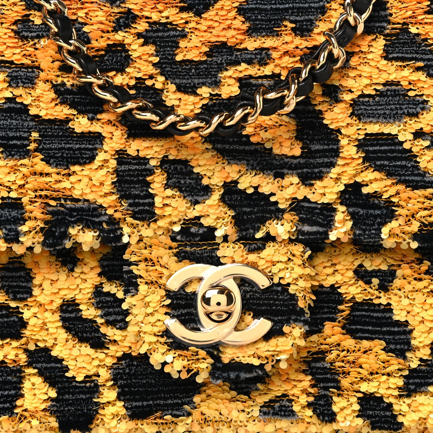 Sequin Mixed Fibers Leopard Print Mini Rectangular Flap Black Orange