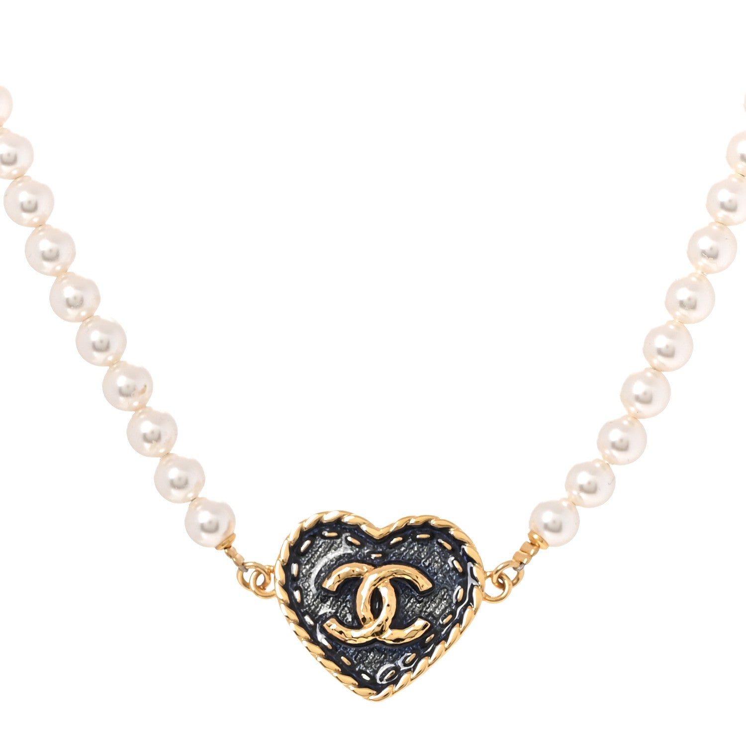 Metal Denim CC Heart Choker Gold Blue Pearly White
