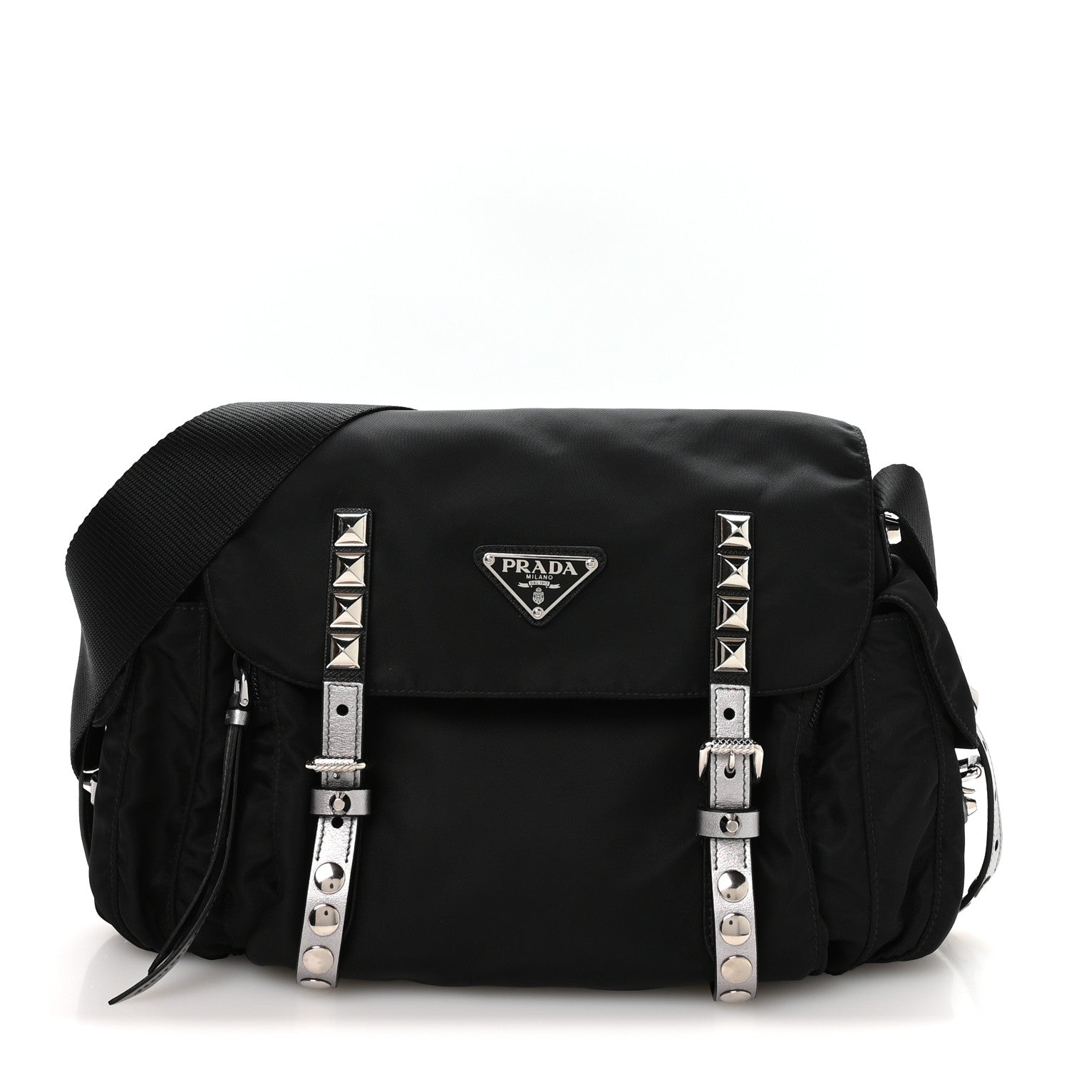 Nylon New Vela Studded Messenger Bag Black