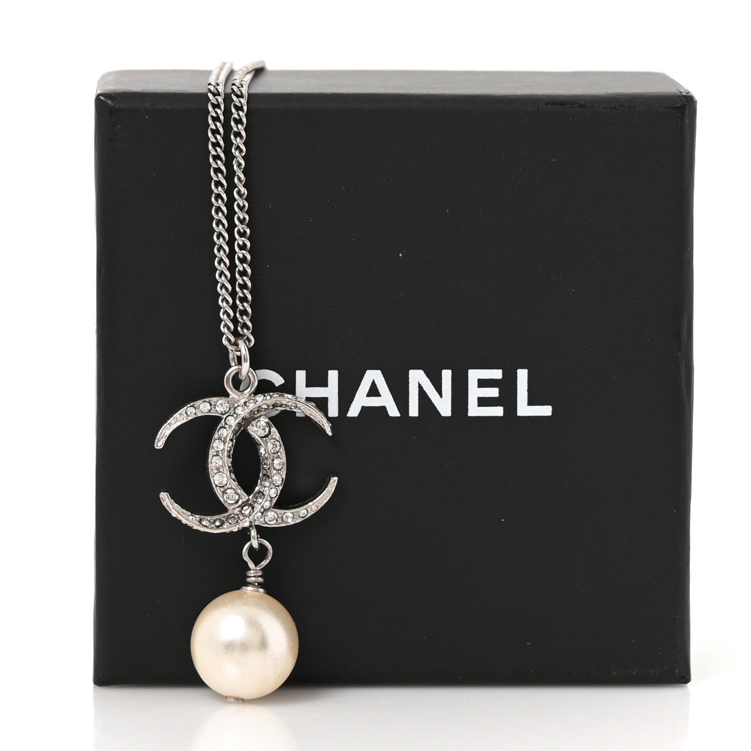 Crystal CC Pearl Drop Necklace Silver