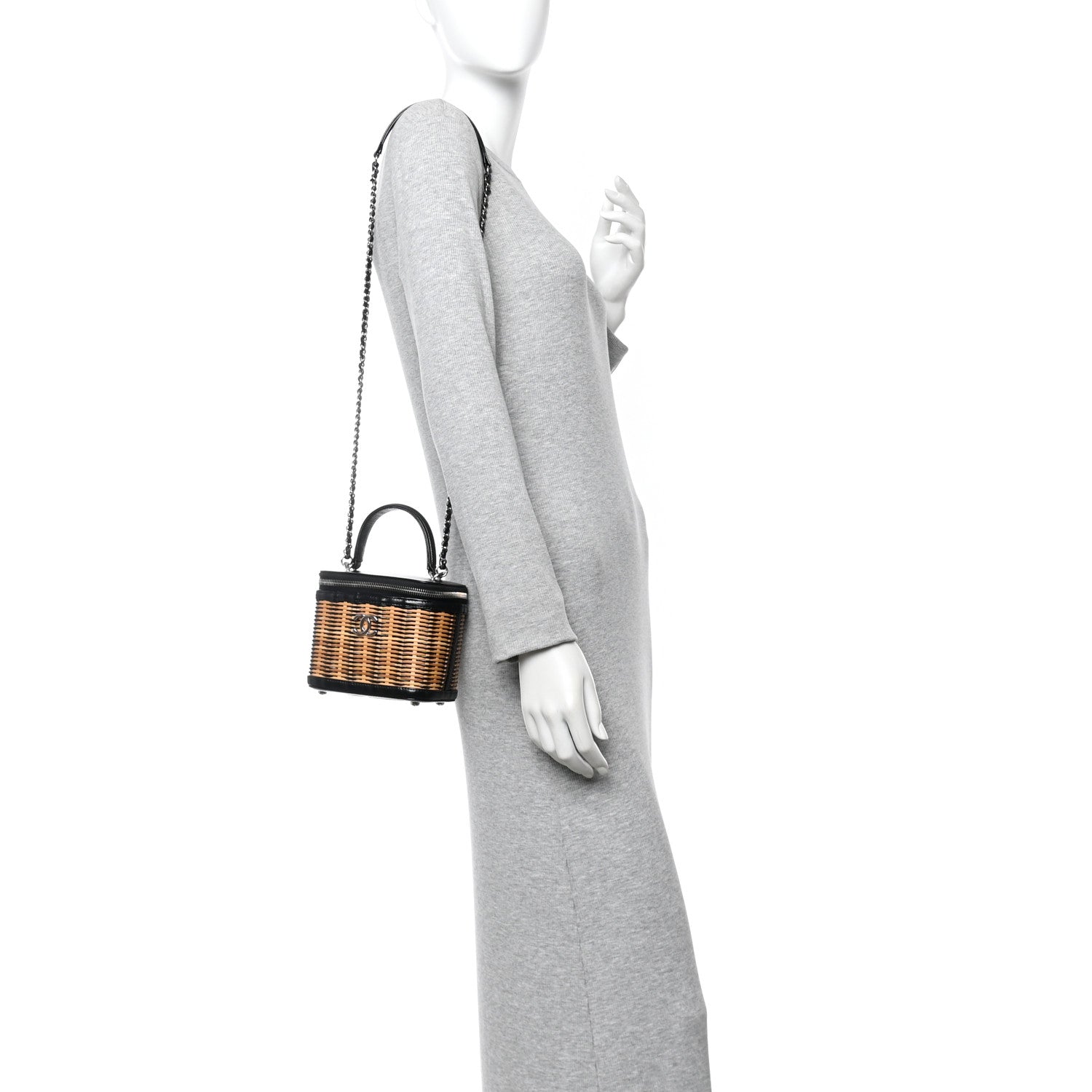 Calfskin Raffia Small Vanity Case Bag Black Beige