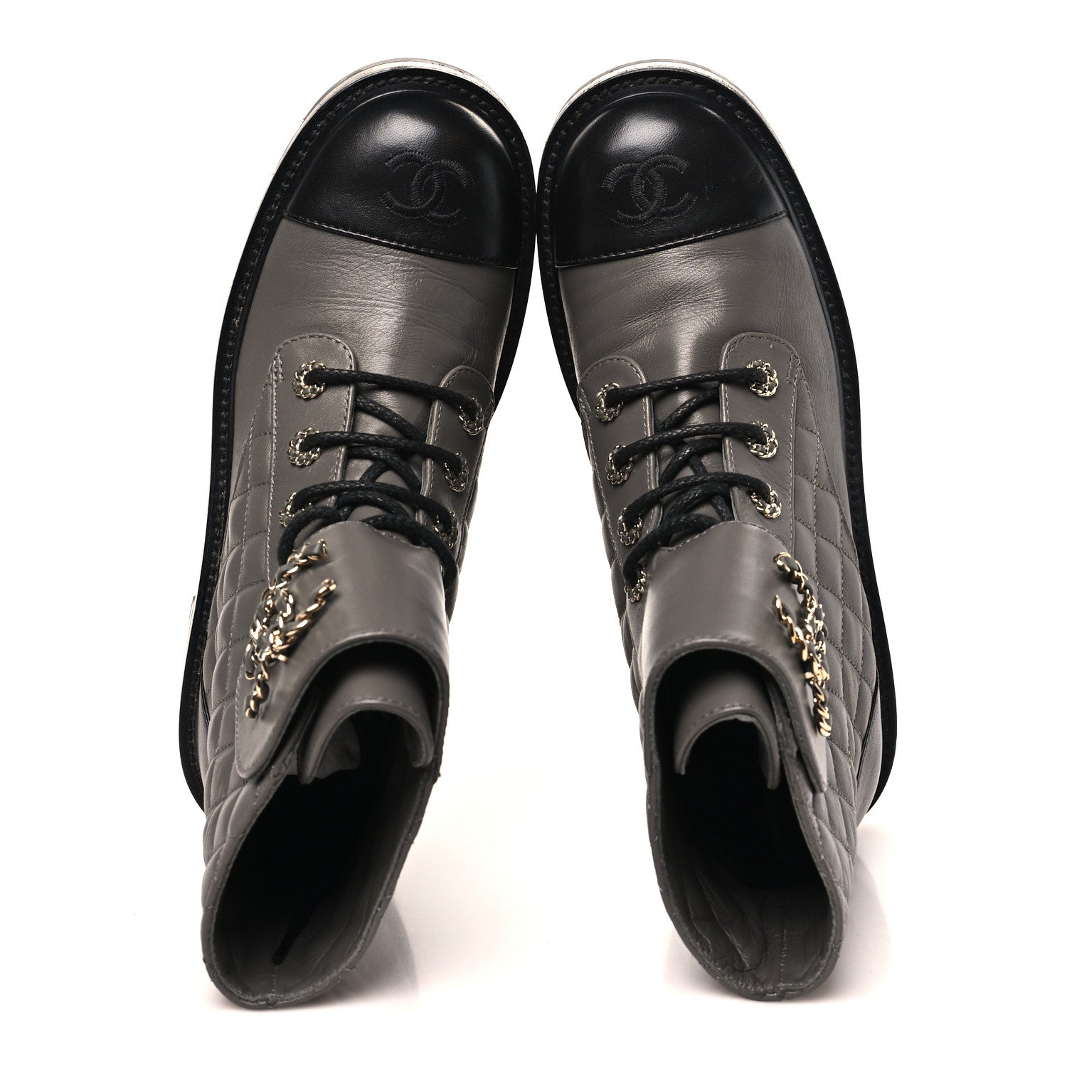 Shiny Lambskin Quilted Lace Up Combat Boots 39.5 Grey Black