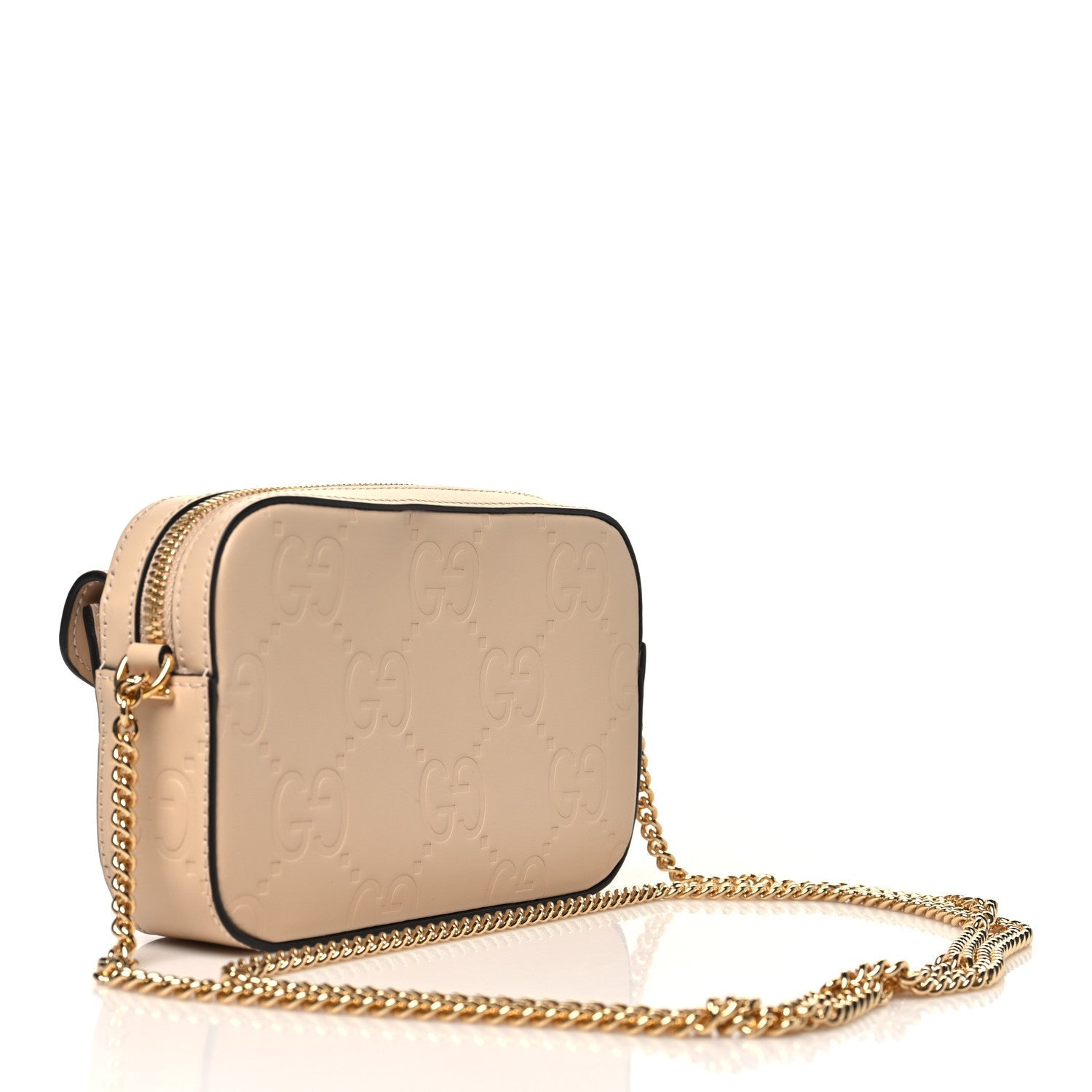 Calfskin GG Super Mini Debossed Chain Wallet Light Beige