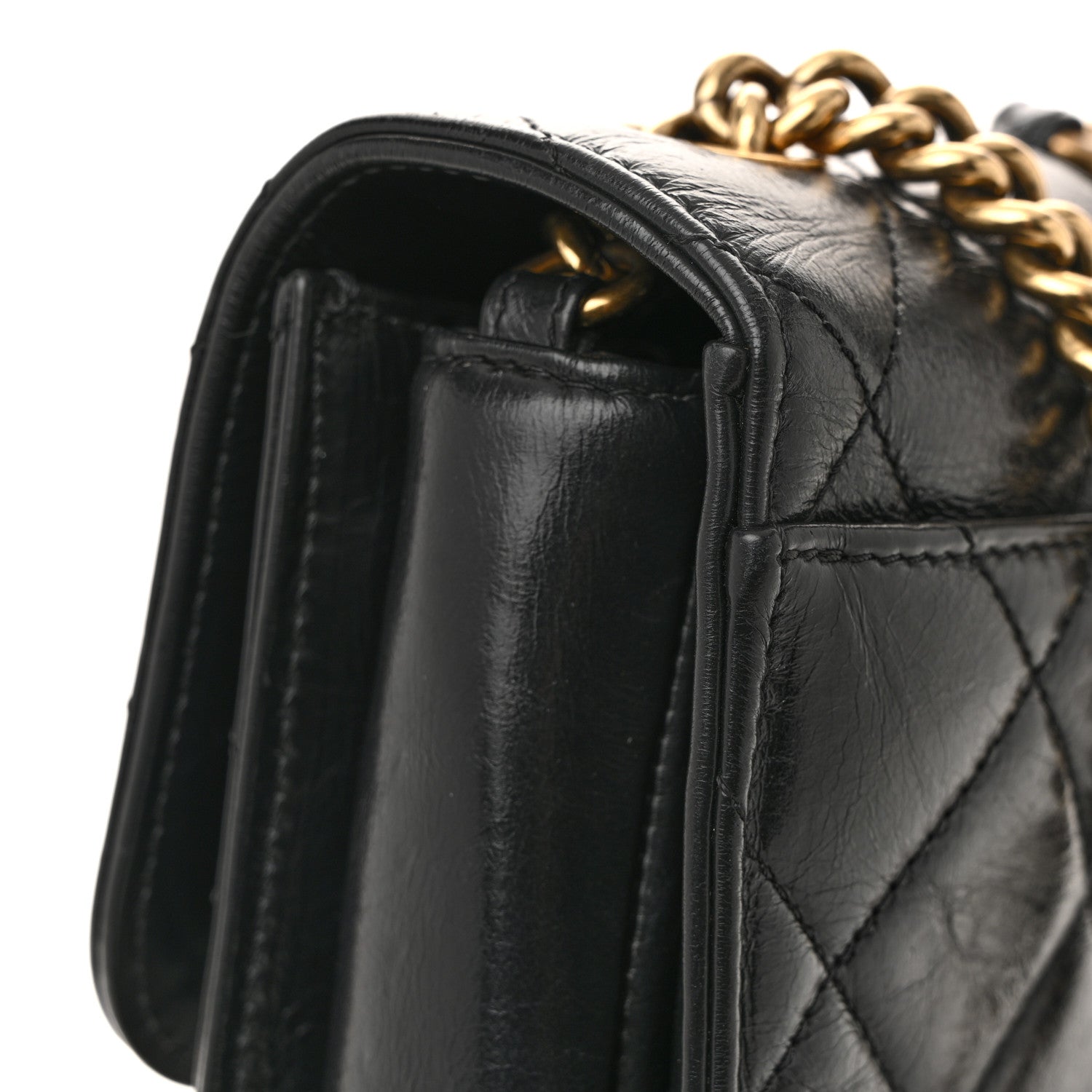 Glazed Calfskin Quilted Large Perfect Edge Flap Black