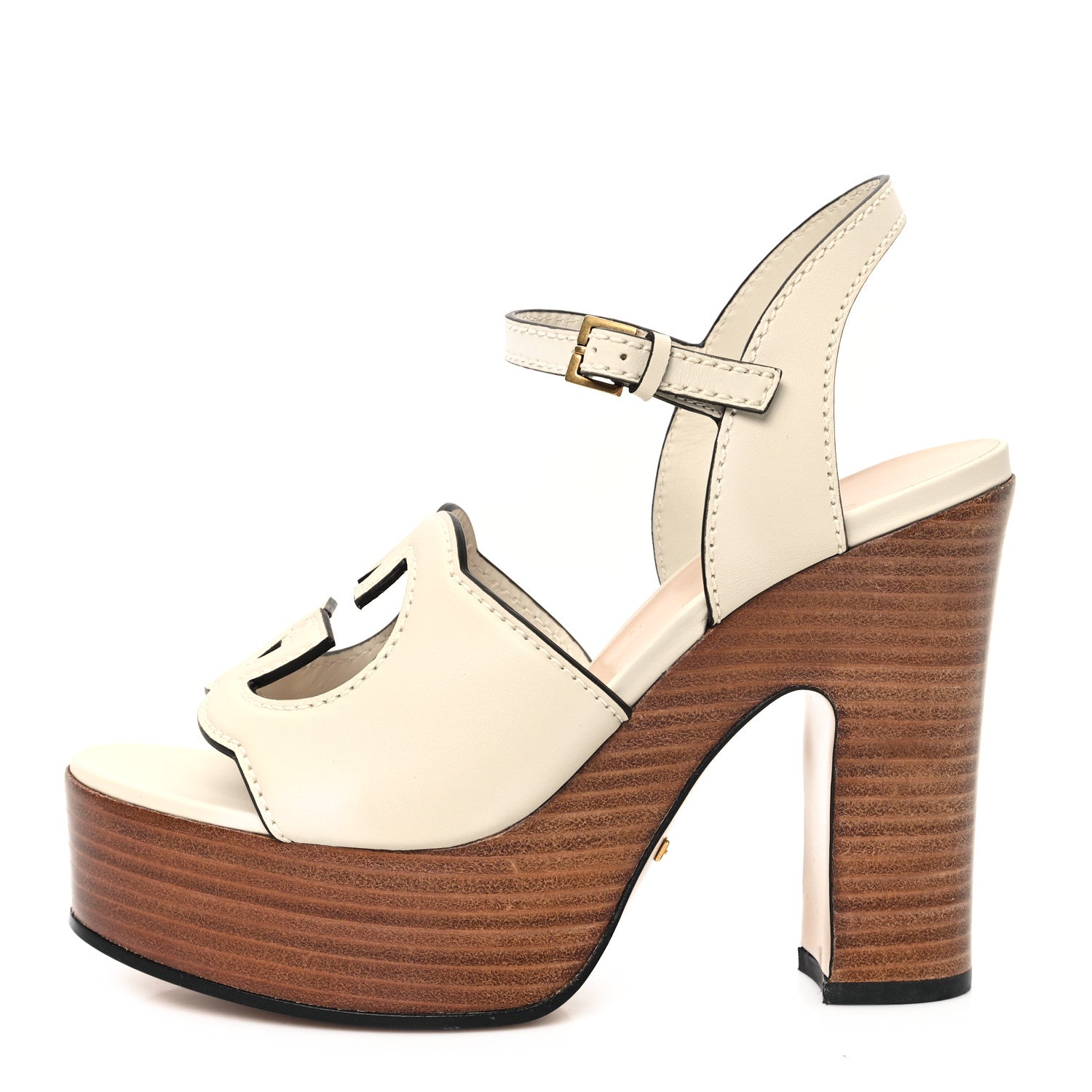 Cosmos Softy Calfskin Wooden Interlocking G Cut-Out 30/120mm Platform Sandals 36.5 Mystic White