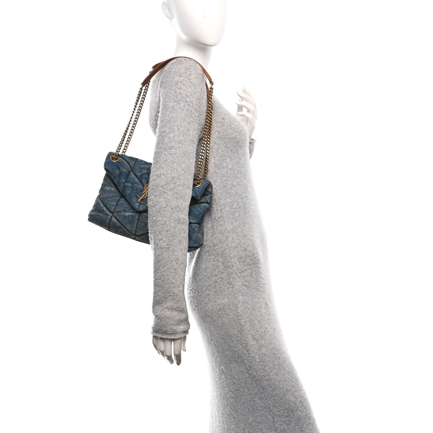 Denim Quilted Small Loulou Puffer Monogram Chain Satchel Blue Cinnamon