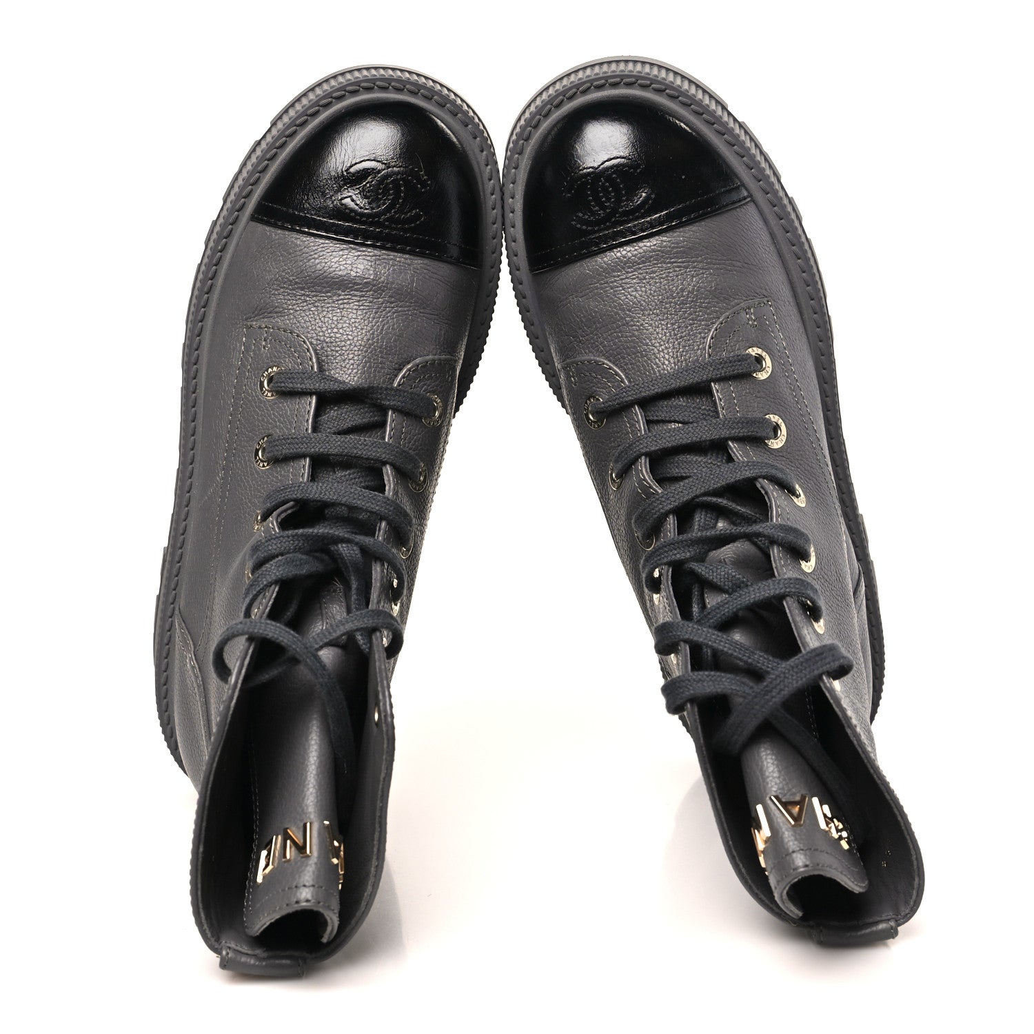 Grained Calfskin Shiny Calfskin CC Lace Up Combat Boots 39.5 Grey
