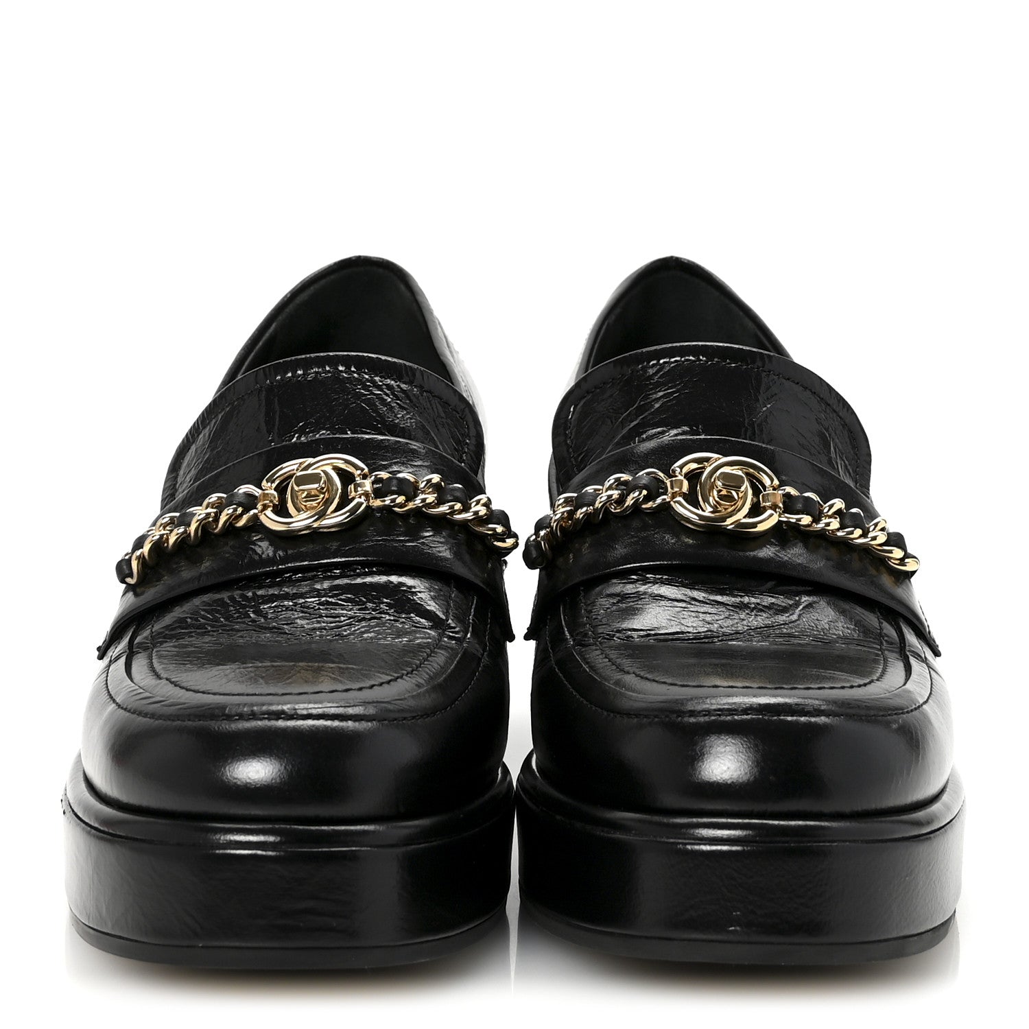 Shiny Calfskin Logo Platform Loafers 37.5 Black
