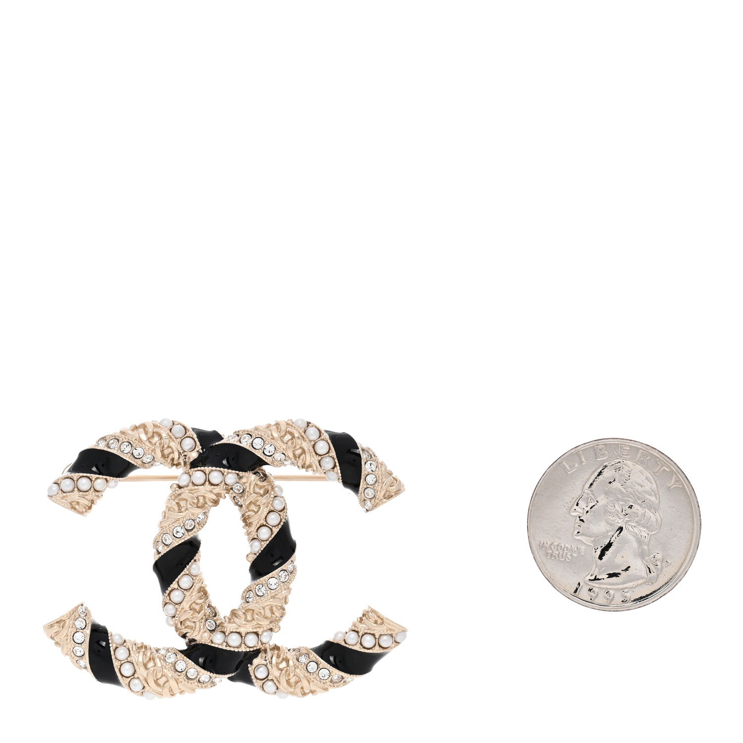 Pearl Crystal Enamel CC Brooch Black Gold