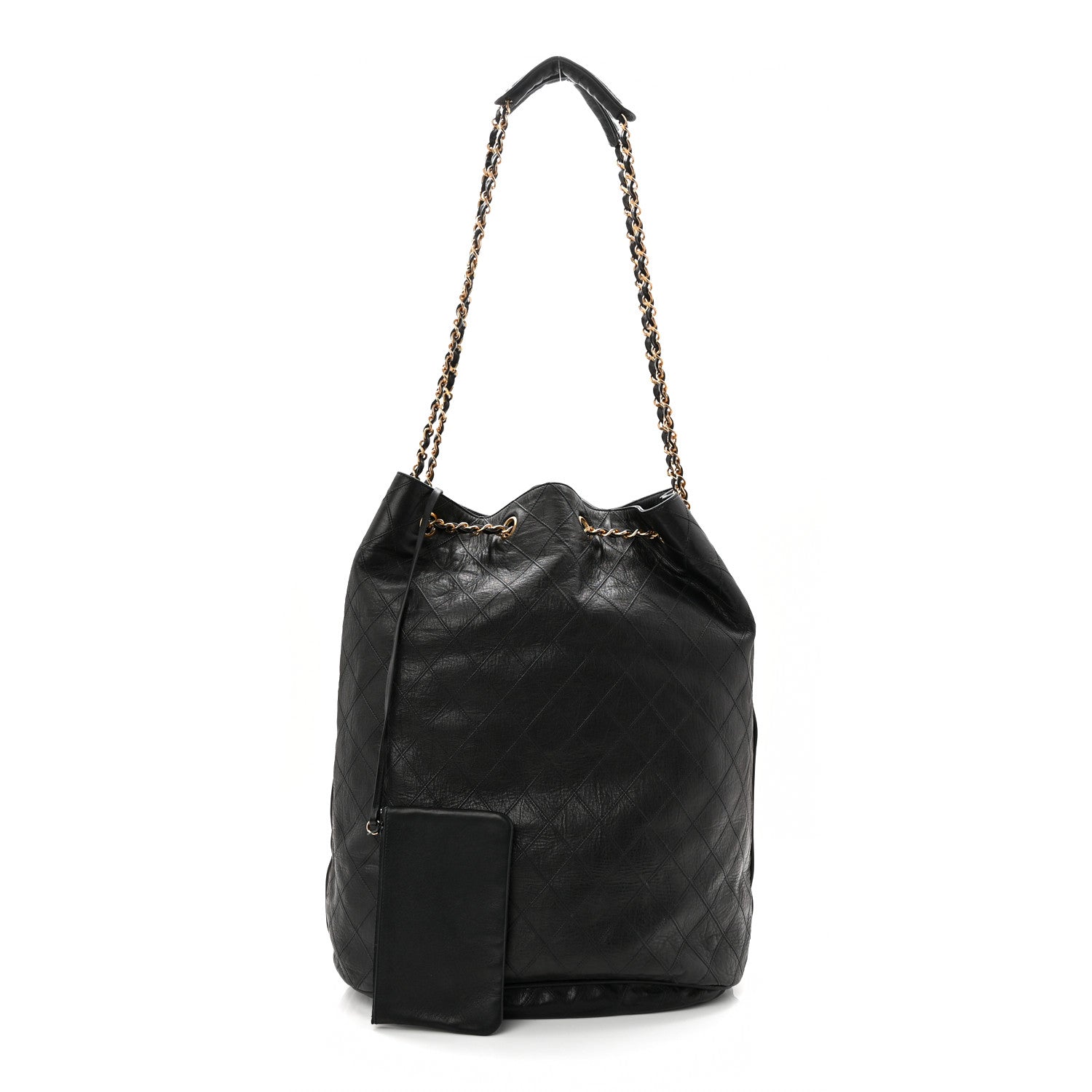 Grained Calfskin Quilted Drawstring Bucket Bag Black