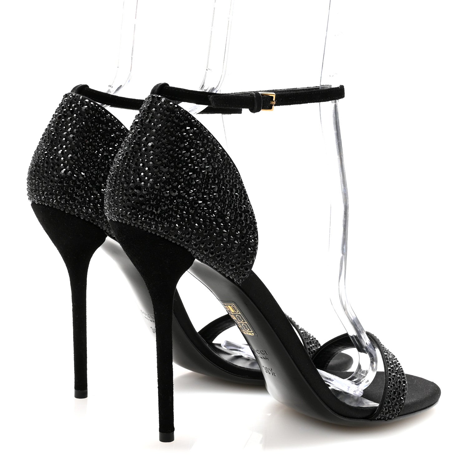 Suede Satin Crystal Ankle Strap High Heel Sandals 39.5 Black