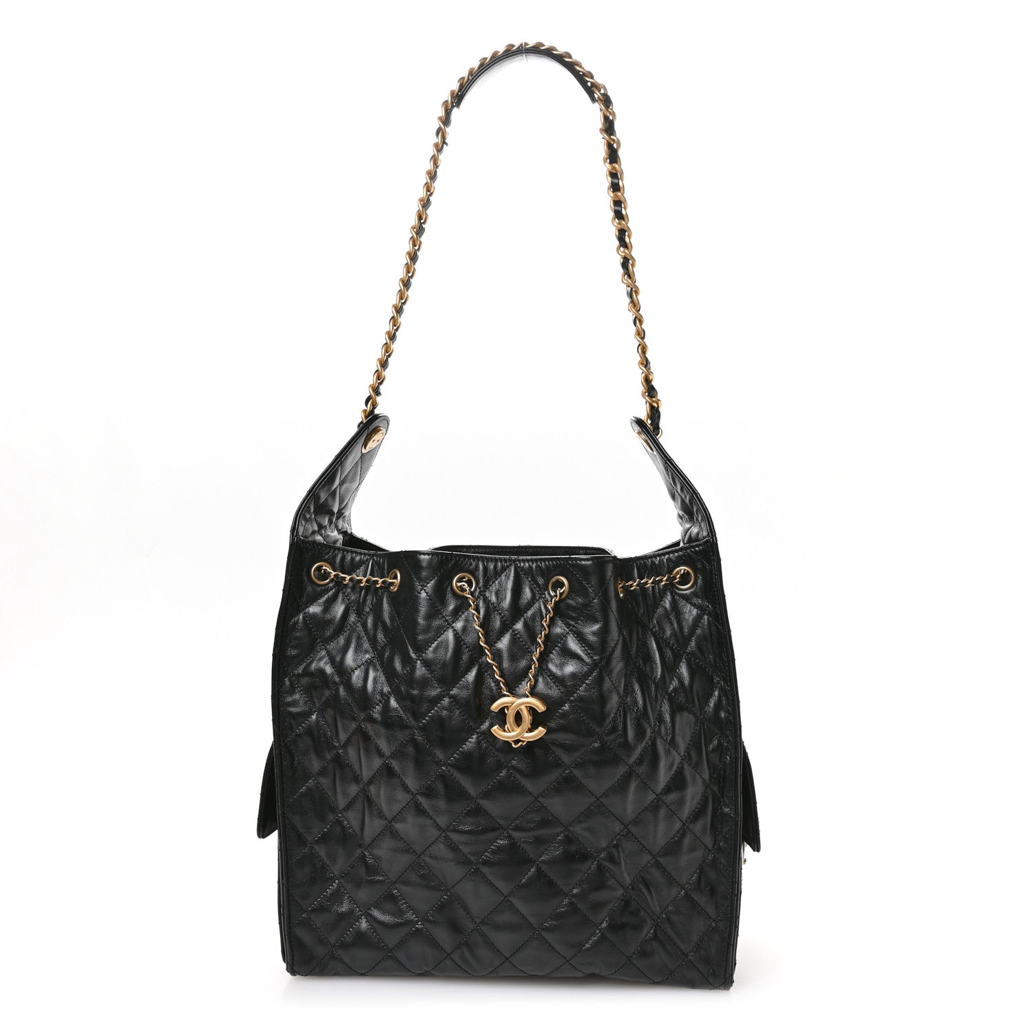 Shiny Crumpled Calfskin Quilted Medium Chanel 25 Handbag  Black