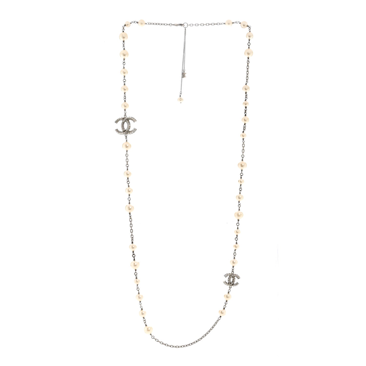 Pearl Baguette Crystal CC Long Necklace Silver