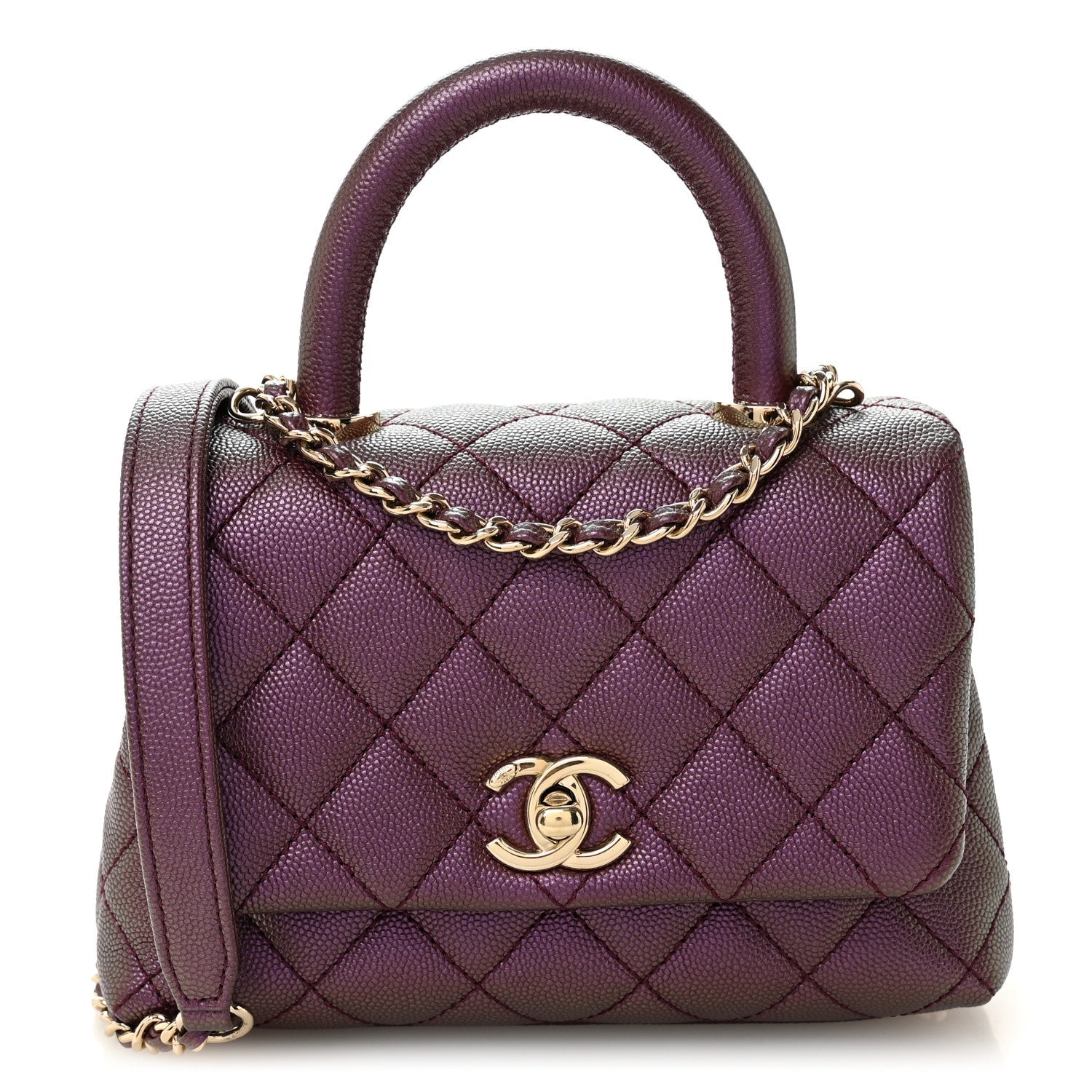 Iridescent Caviar Quilted Extra Mini Coco Handle Flap Purple