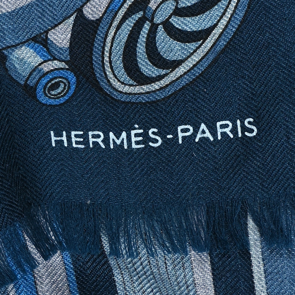 Cashmere Silk 600 Chevaux Rectangle Scarf Marine Gris Chine