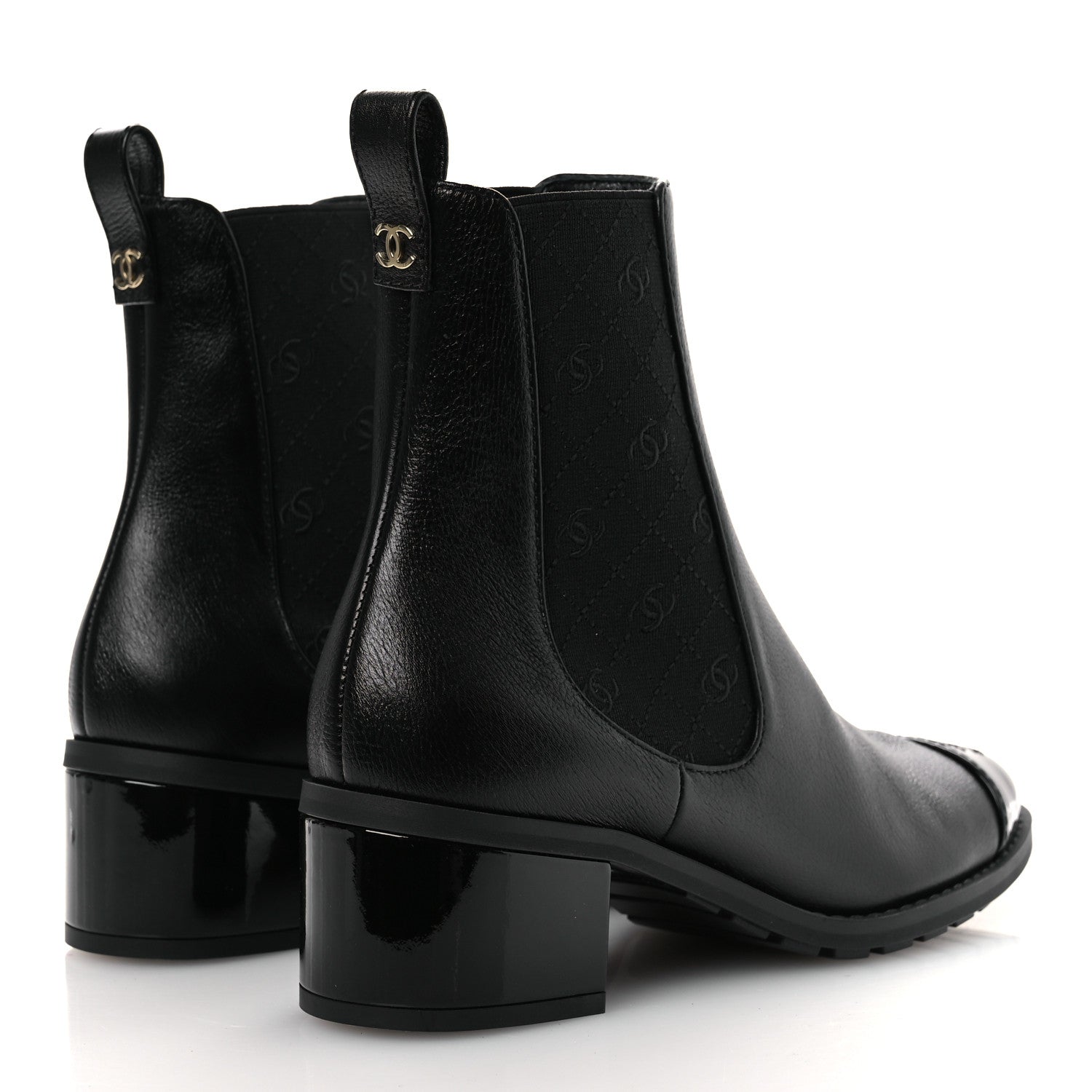 Shiny Grained Calfskin Patent Cap Toe Interlocking CC Short Boots 37.5 Black
